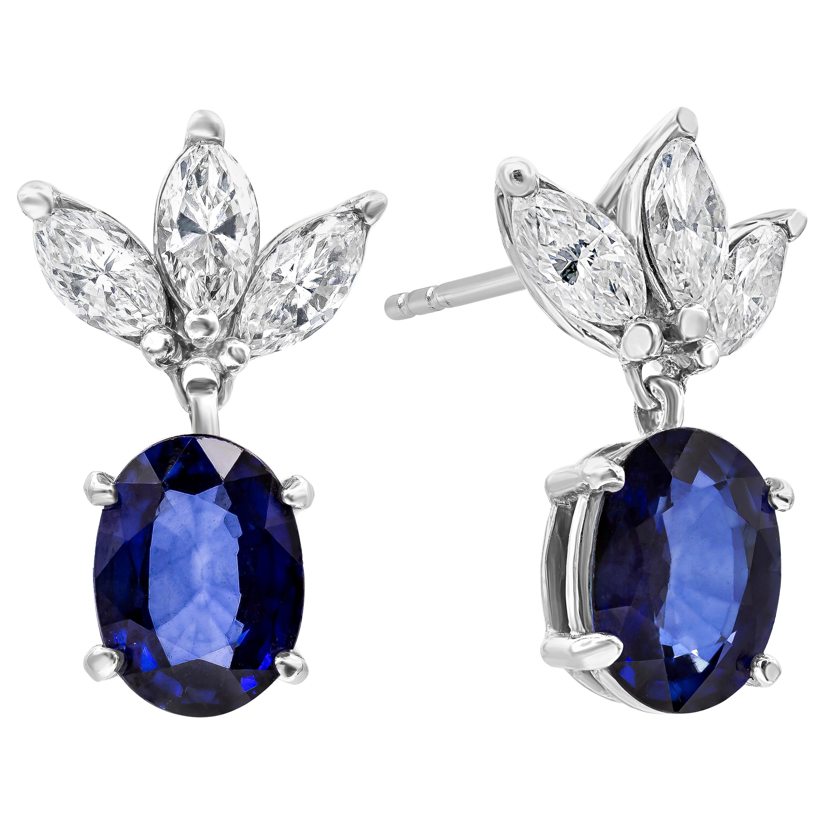 Roman Malakov, Oval Cut Blue Sapphire and Diamond Drop Earrings