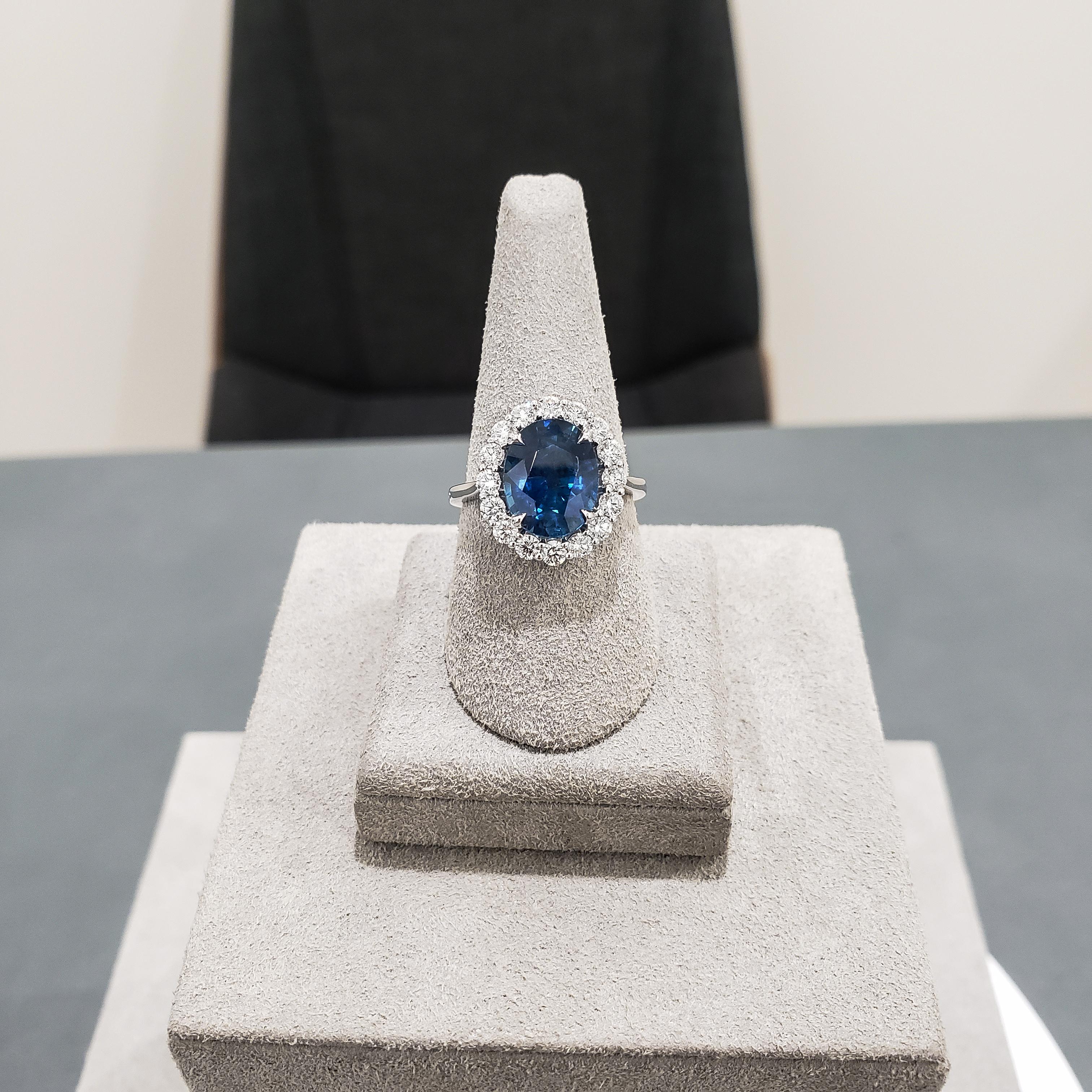 Contemporary Roman Malakov Oval Cut Blue Sapphire and Diamond Halo Engagement Ring