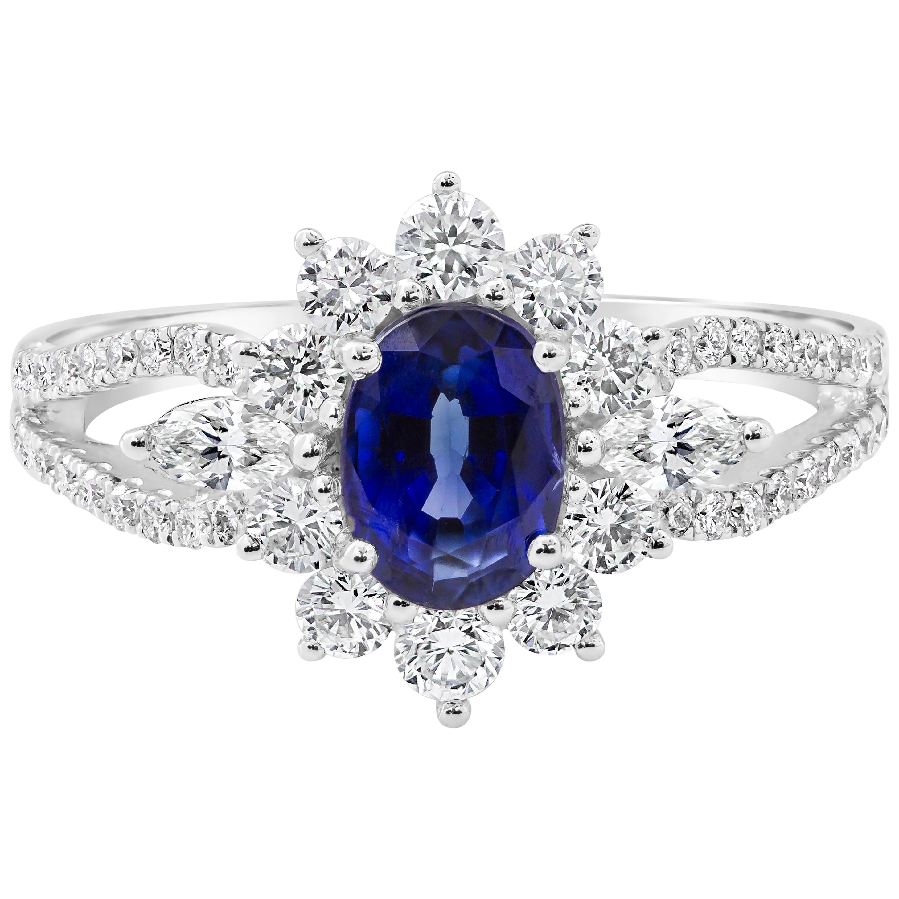 Roman Malakov 1.23 Carat Oval Cut Blue Sapphire and Diamond Halo Engagement Ring For Sale