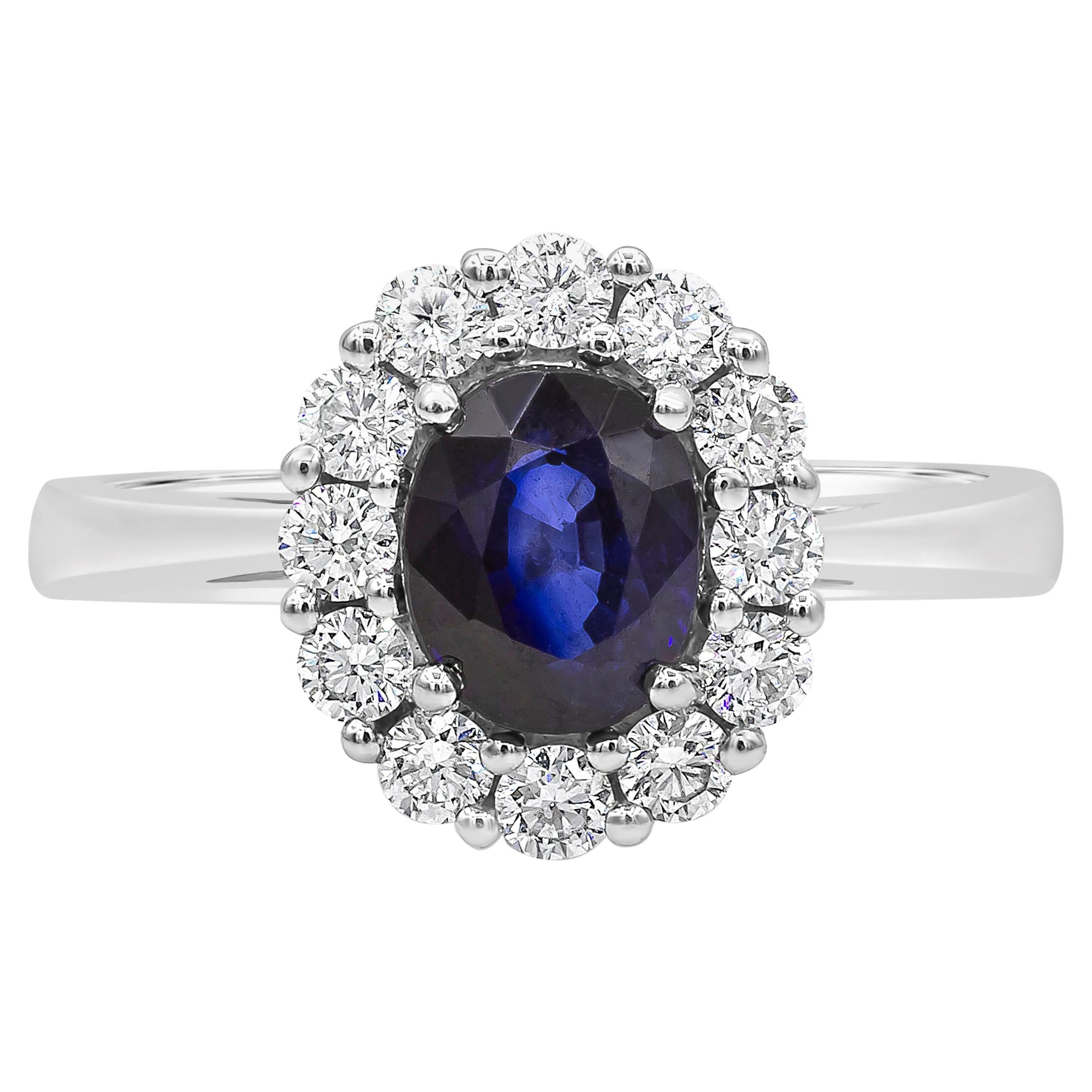 Roman Malakov 1.60 Carats Oval Cut Blue Sapphire & Diamond Halo Engagement Ring For Sale