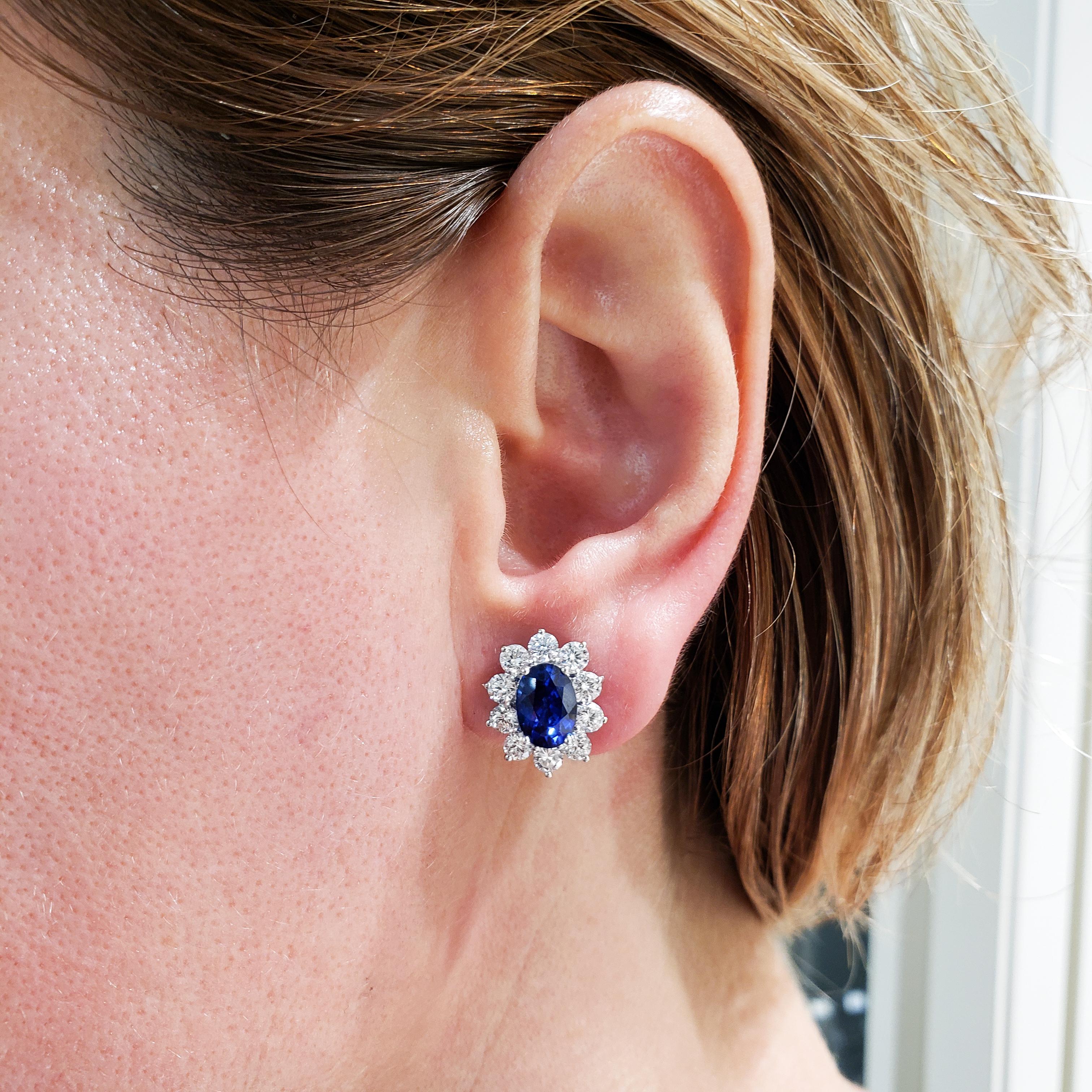 Women's Roman Malakov, Oval Cut Blue Sapphire and Diamond Halo Flower Earrings For Sale