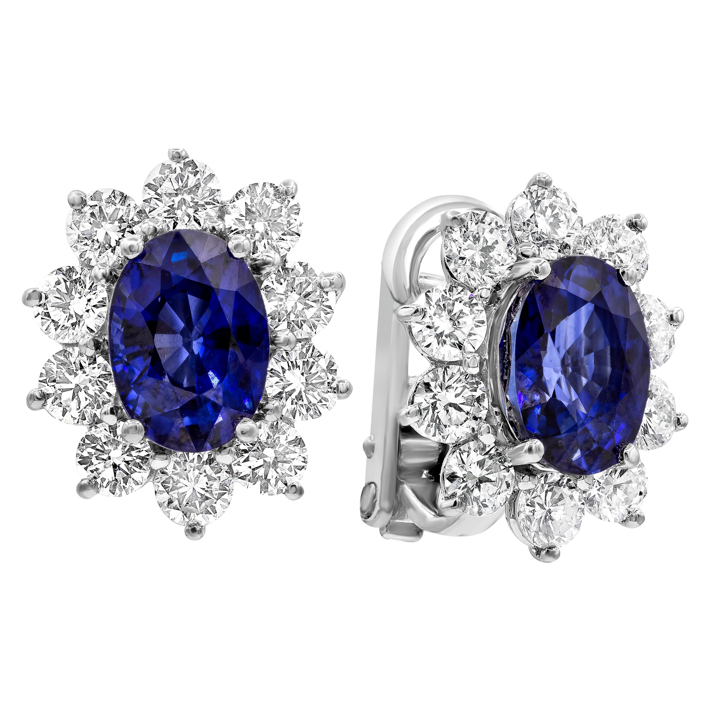 Roman Malakov, Oval Cut Blue Sapphire and Diamond Halo Flower Earrings For Sale