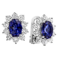 Roman Malakov, Oval Cut Blue Sapphire and Diamond Halo Flower Earrings
