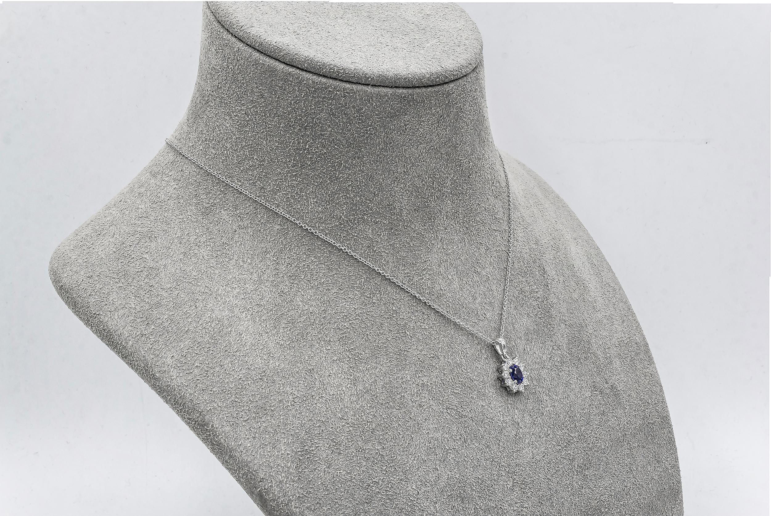 Contemporary Roman Malakov 0.51 Carat Oval Cut Blue Sapphire & Diamond Halo Pendant Necklace