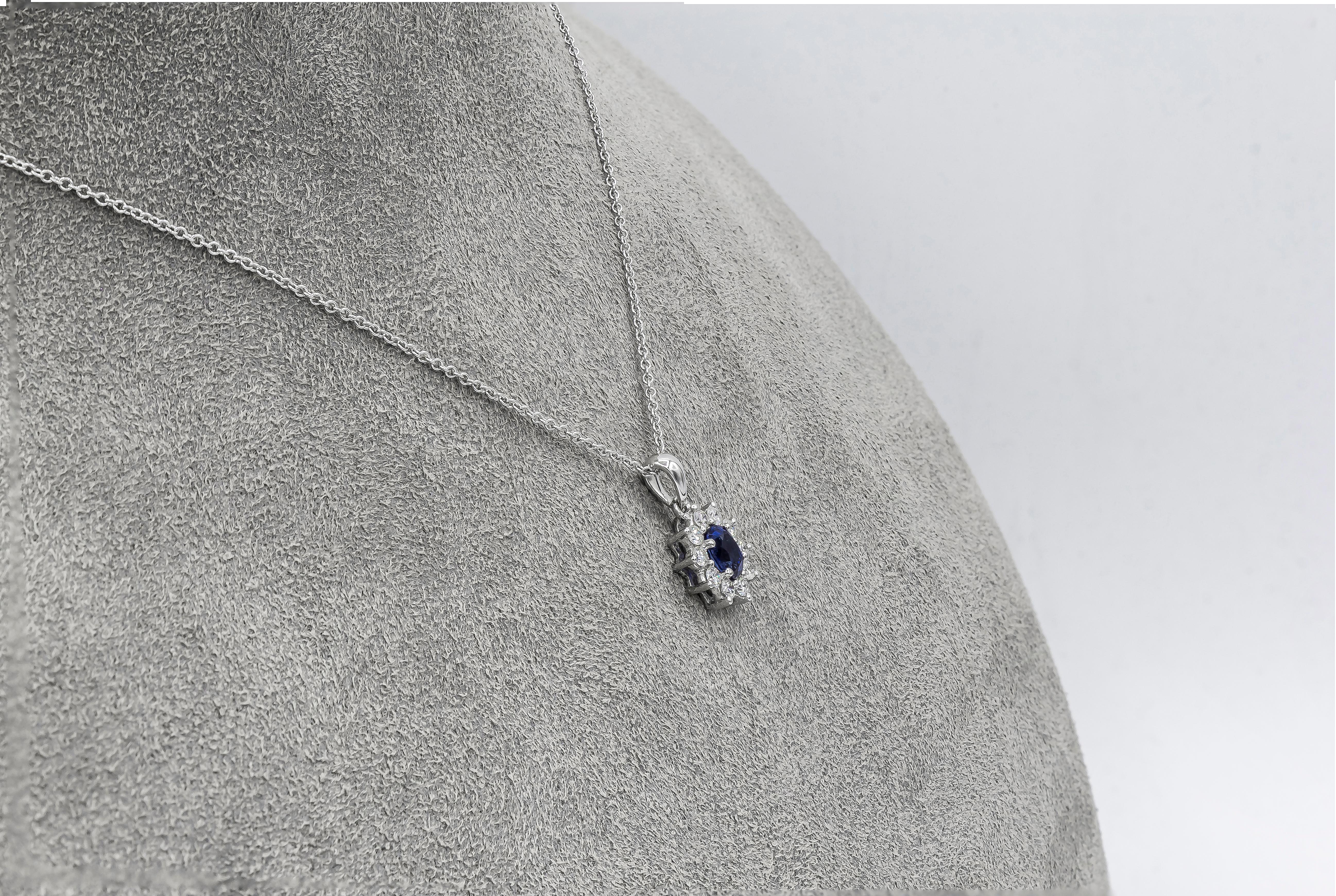 Roman Malakov 0.51 Carat Oval Cut Blue Sapphire & Diamond Halo Pendant Necklace In New Condition In New York, NY