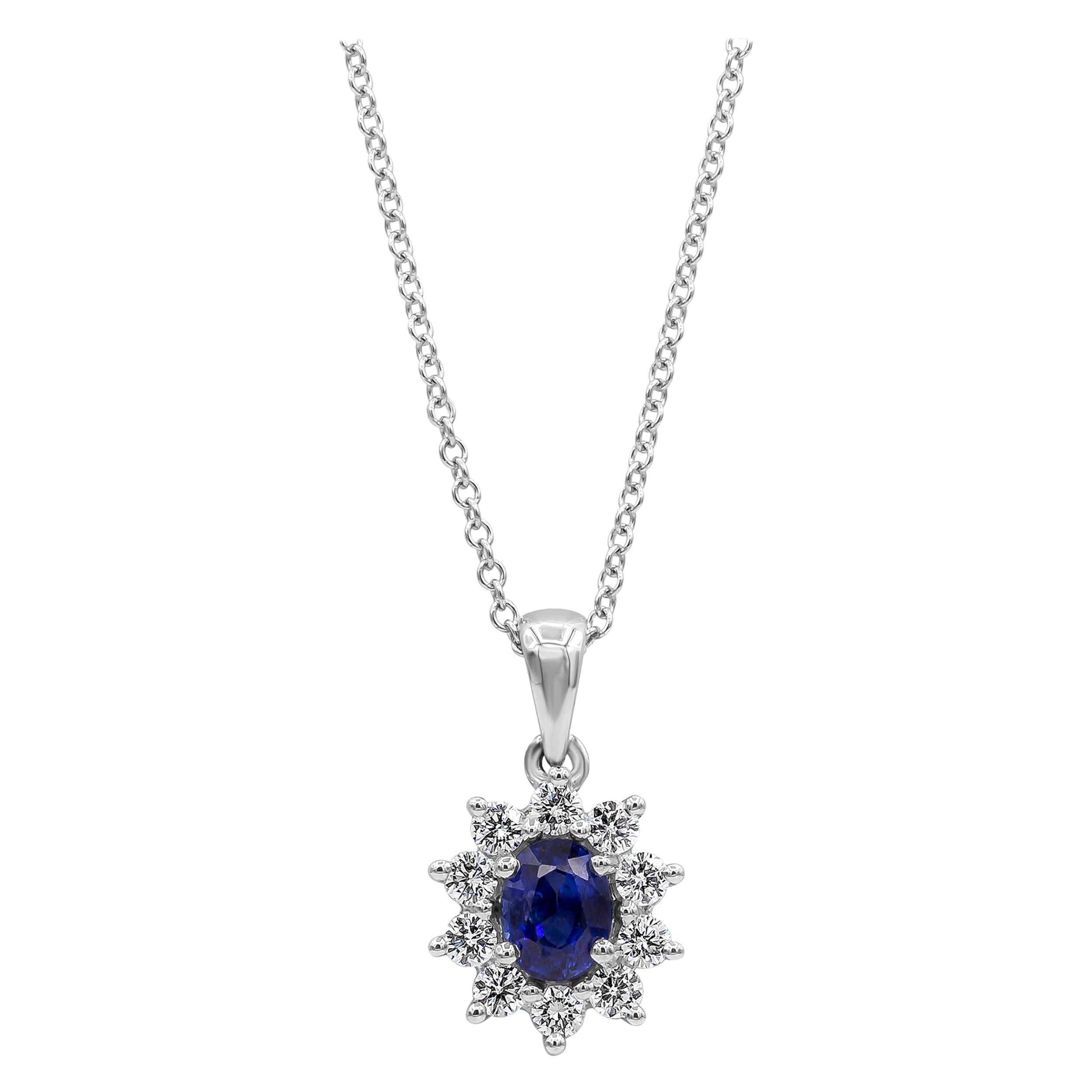 Roman Malakov Oval Cut Blue Sapphire and Diamond Halo Flower Pendant Necklace