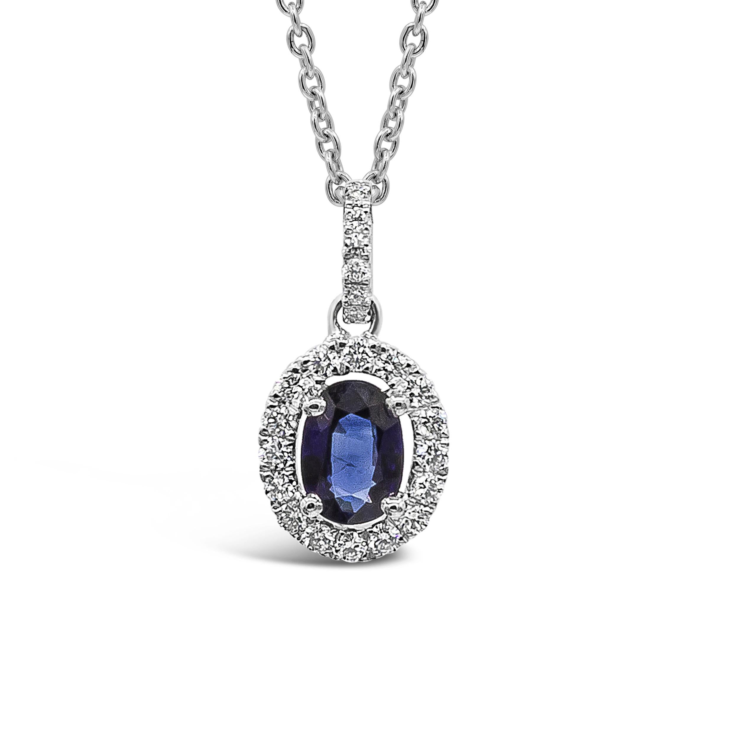 Contemporary Roman Malakov 0.69 Oval Cut Blue Sapphire and Diamond Halo Pendant Necklace For Sale