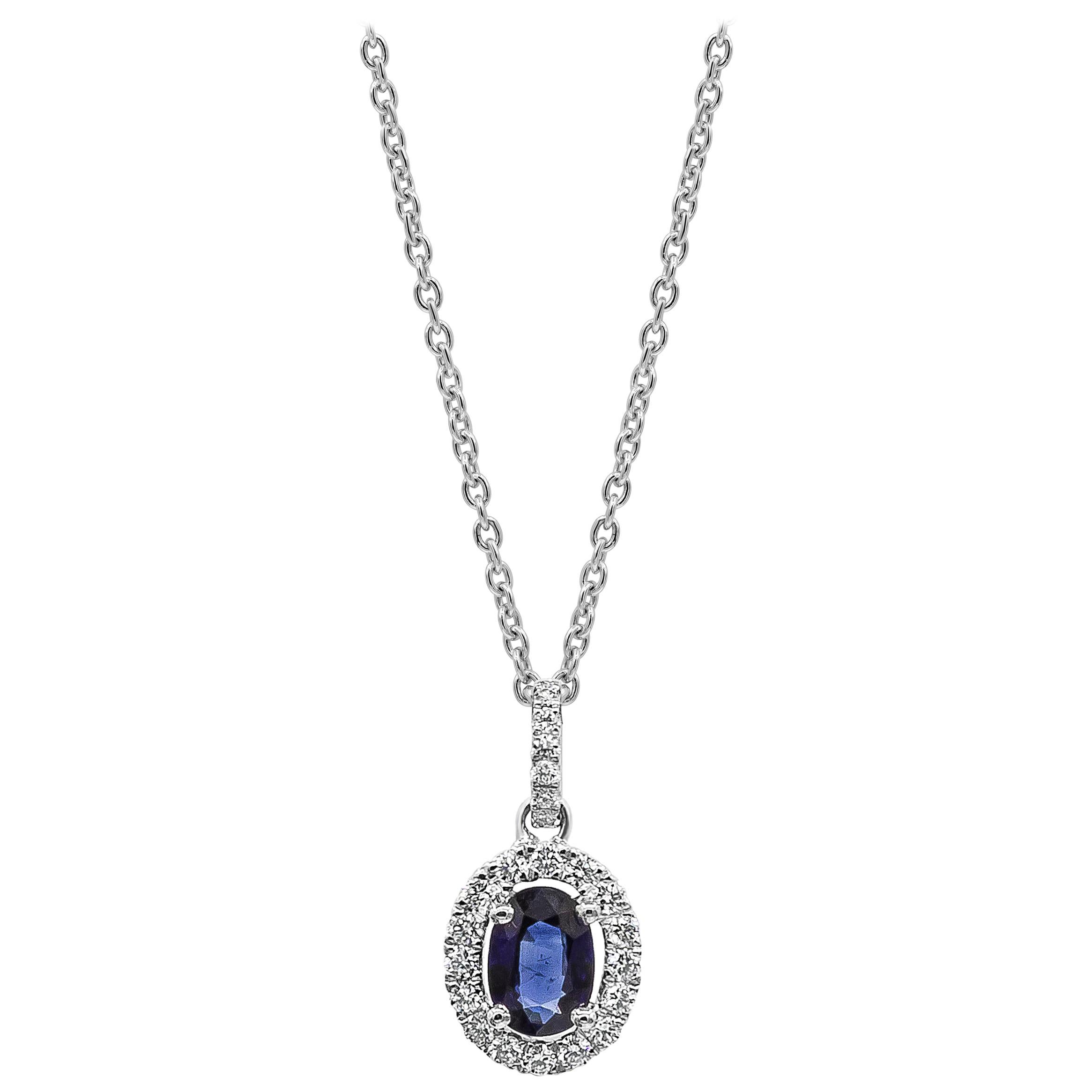 Roman Malakov 0.69 Oval Cut Blue Sapphire and Diamond Halo Pendant Necklace For Sale