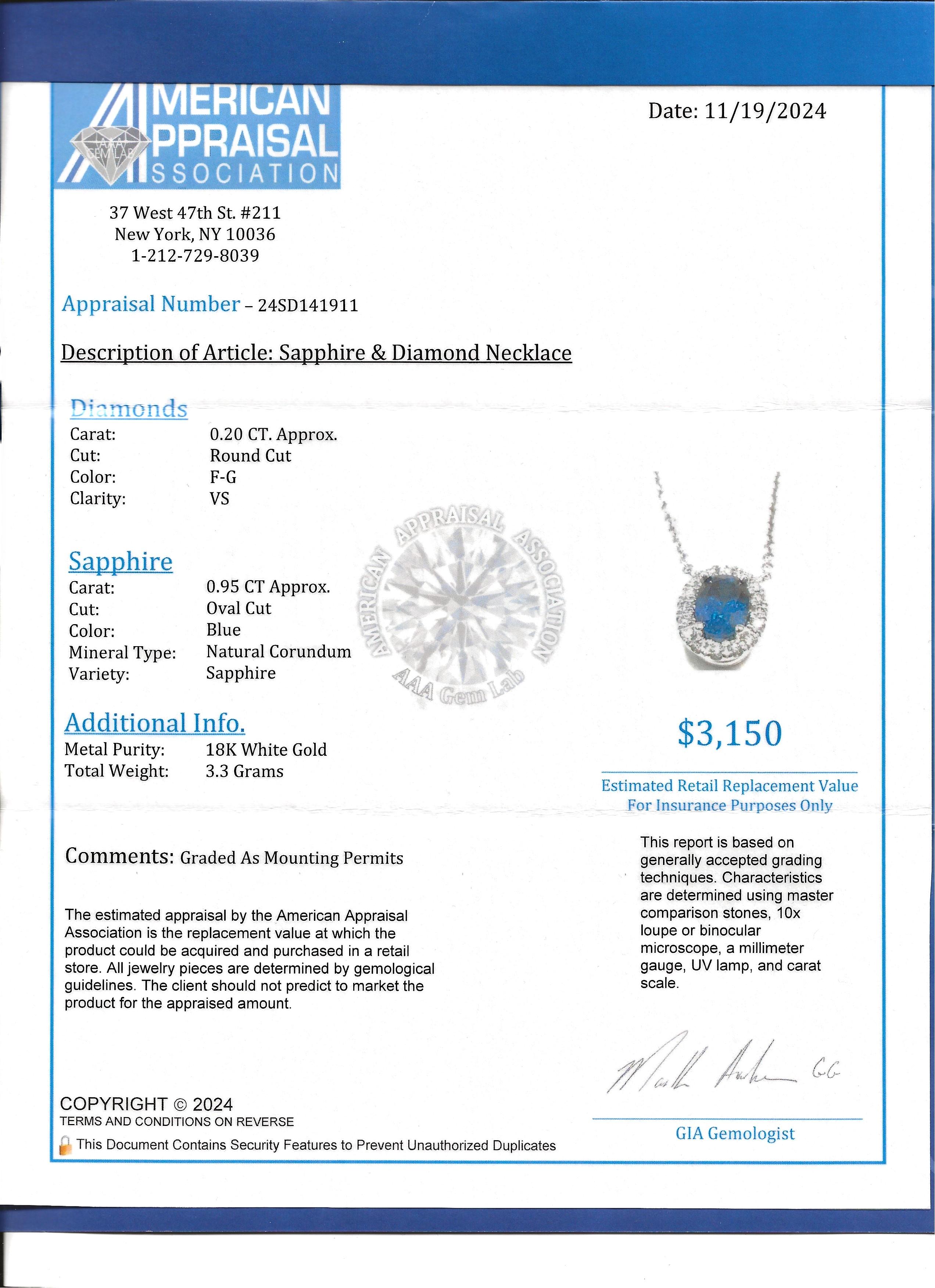 Oval Cut Blue Sapphire and Diamond Halo Pendant Necklace in 18 Karat White Gold For Sale 7