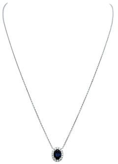 Oval Cut Blue Sapphire and Diamond Halo Pendant Necklace in 18 Karat White Gold