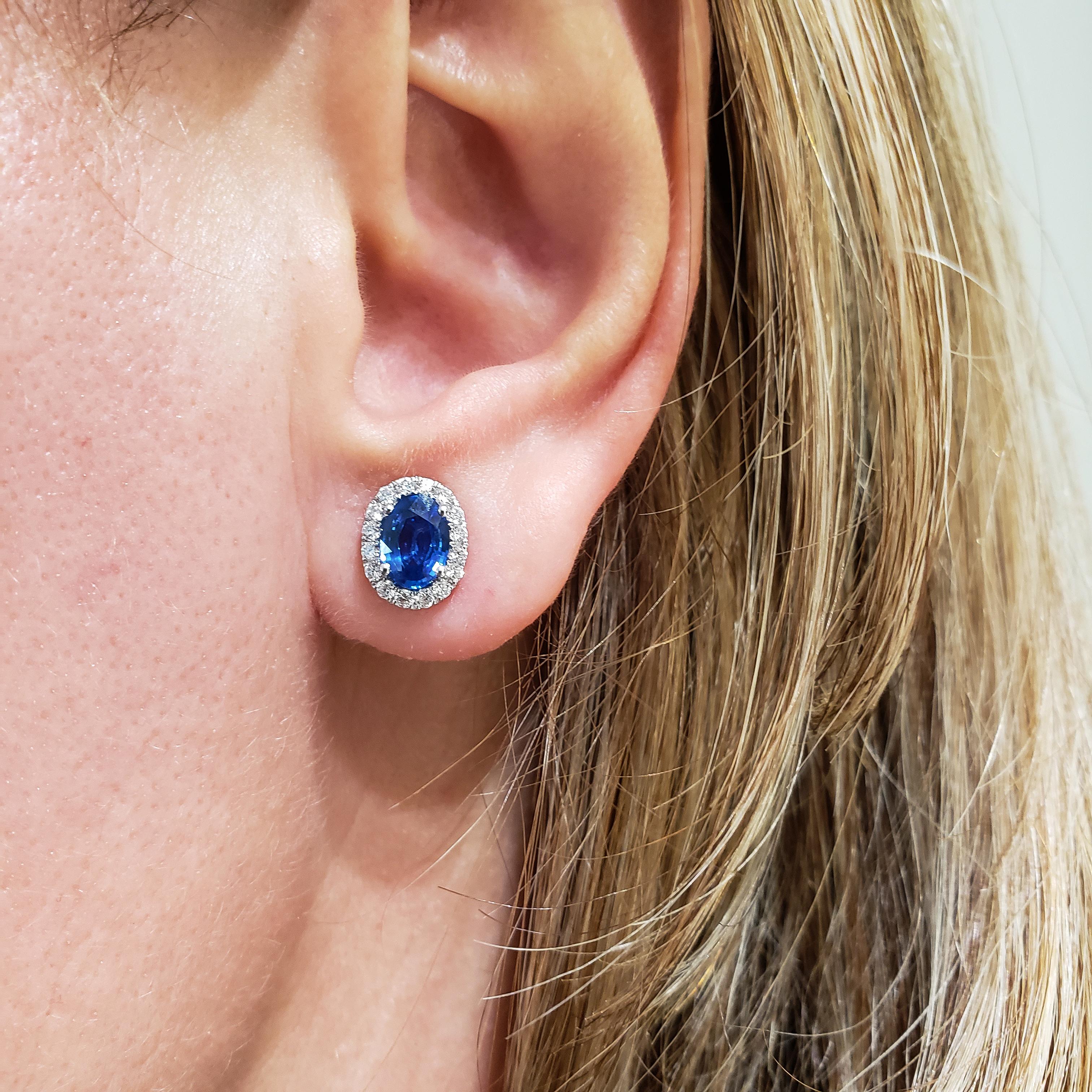 Contemporary Roman Malakov 1.64 Carat Oval Cut Blue Sapphire and Diamond Halo Stud Earrings