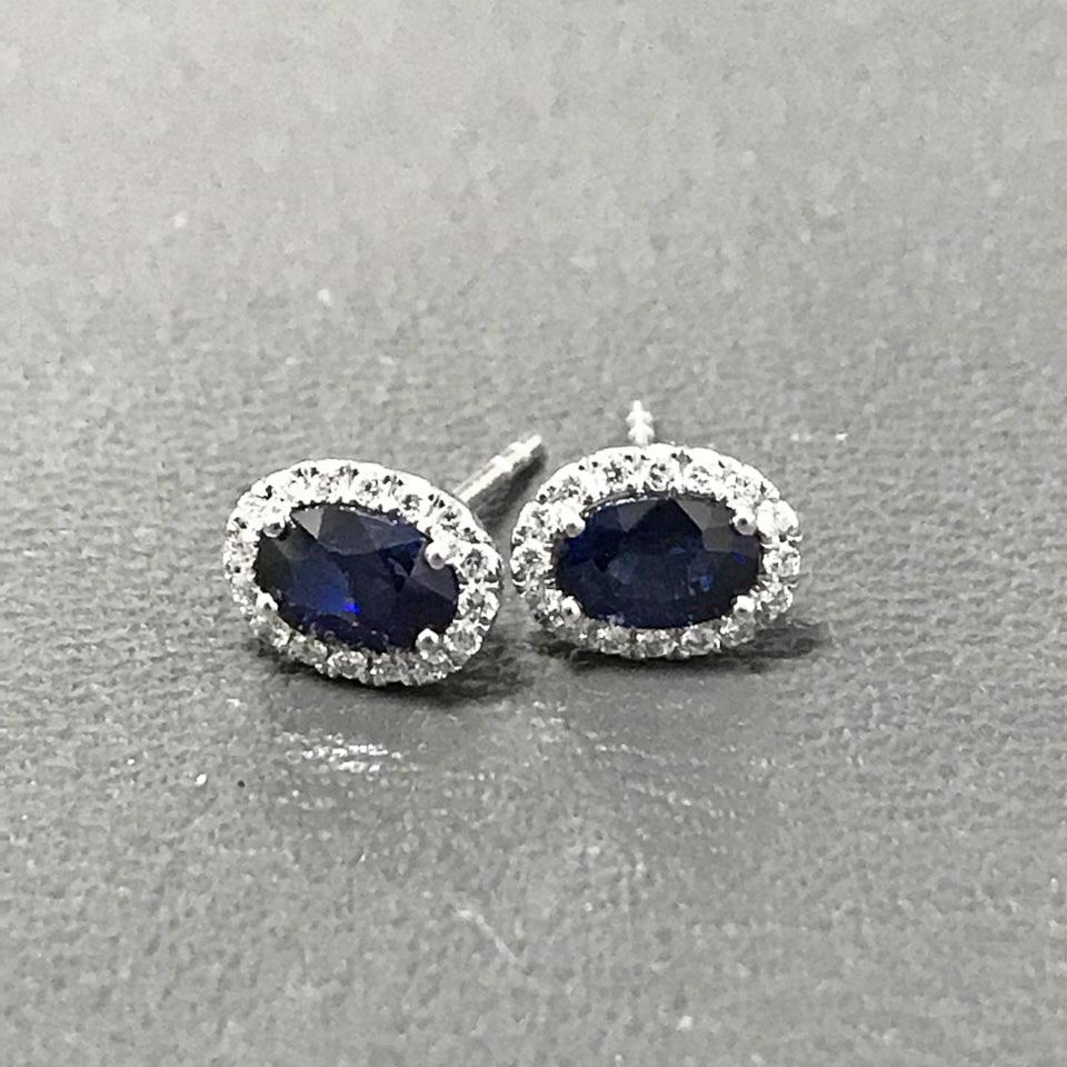 Contemporary Roman Malakov, Oval Cut Blue Sapphire and Diamond Halo Stud Earrings