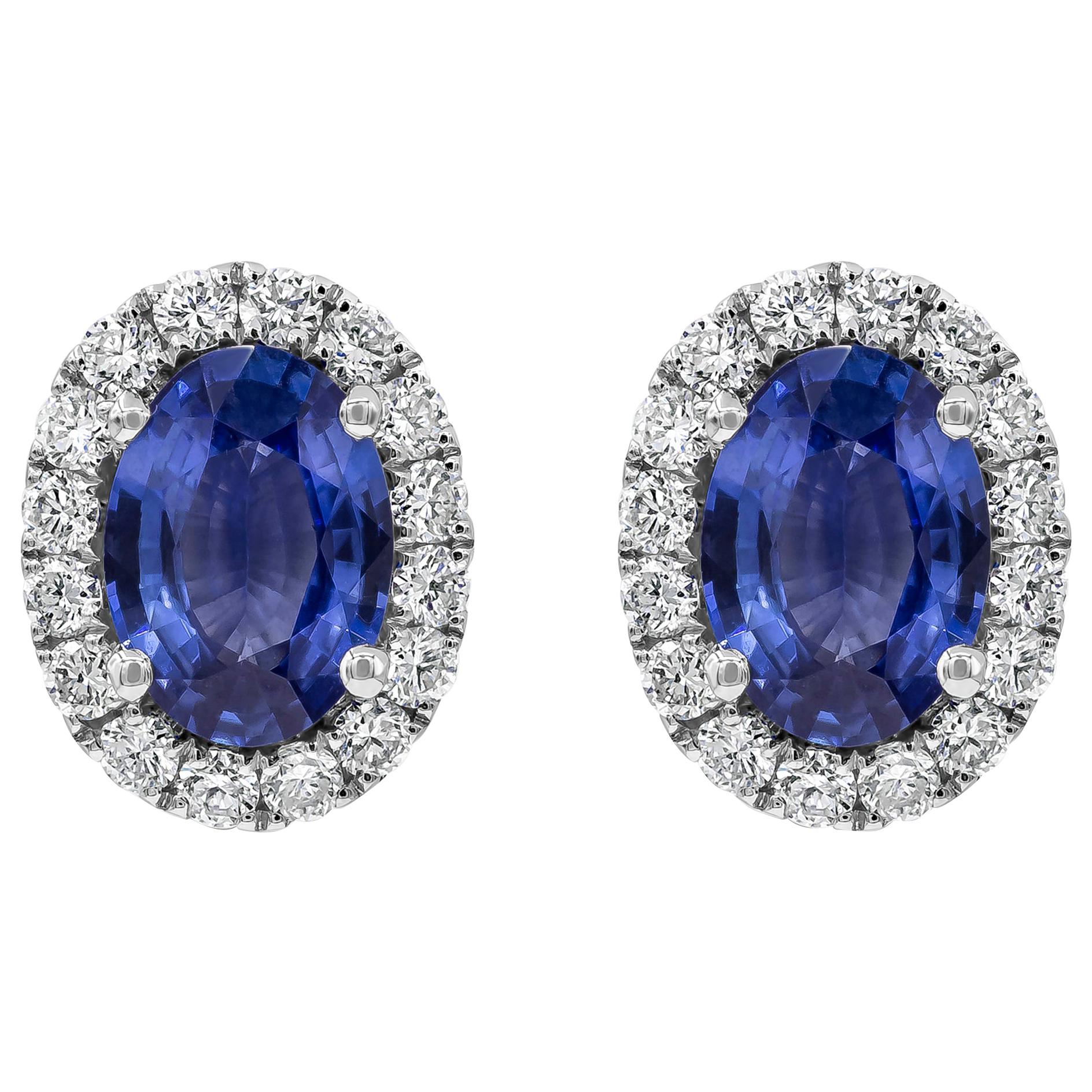 Roman Malakov 1.64 Carat Oval Cut Blue Sapphire and Diamond Halo Stud Earrings