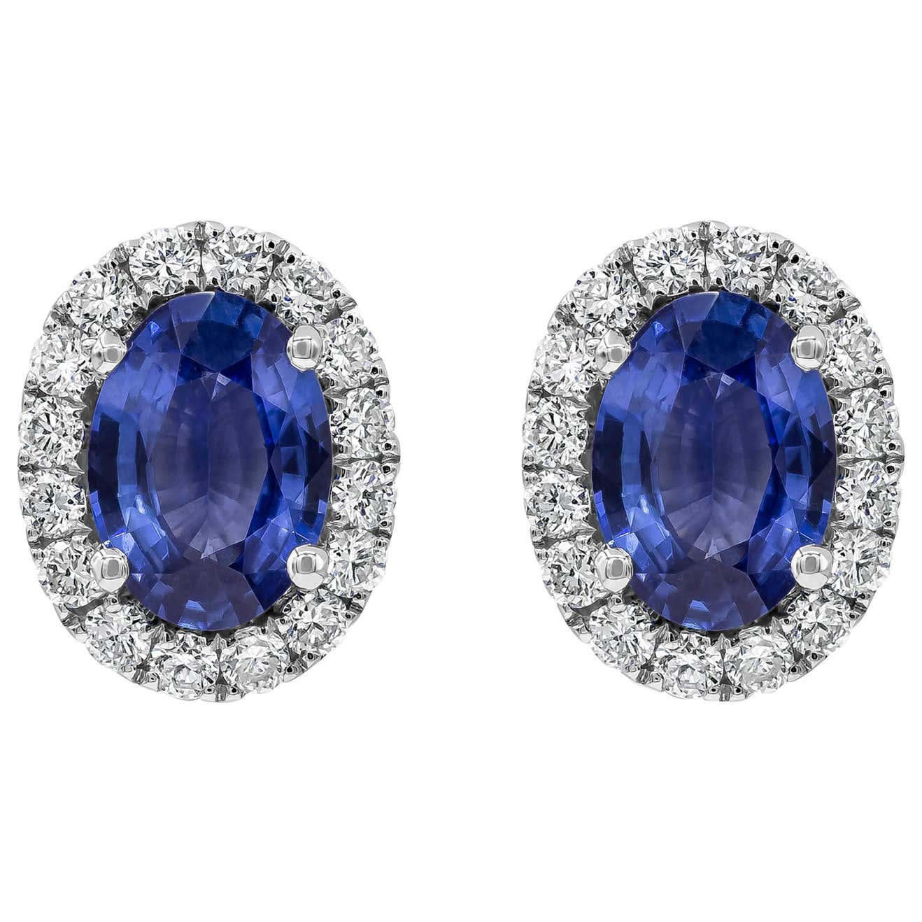 Roman Malakov, Oval Cut Blue Sapphire and Diamond Halo Stud Earrings ...