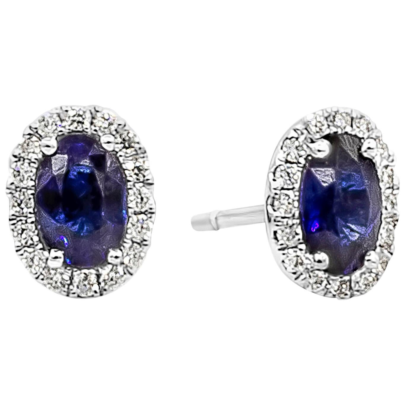 Roman Malakov, Oval Cut Blue Sapphire and Diamond Halo Stud Earrings