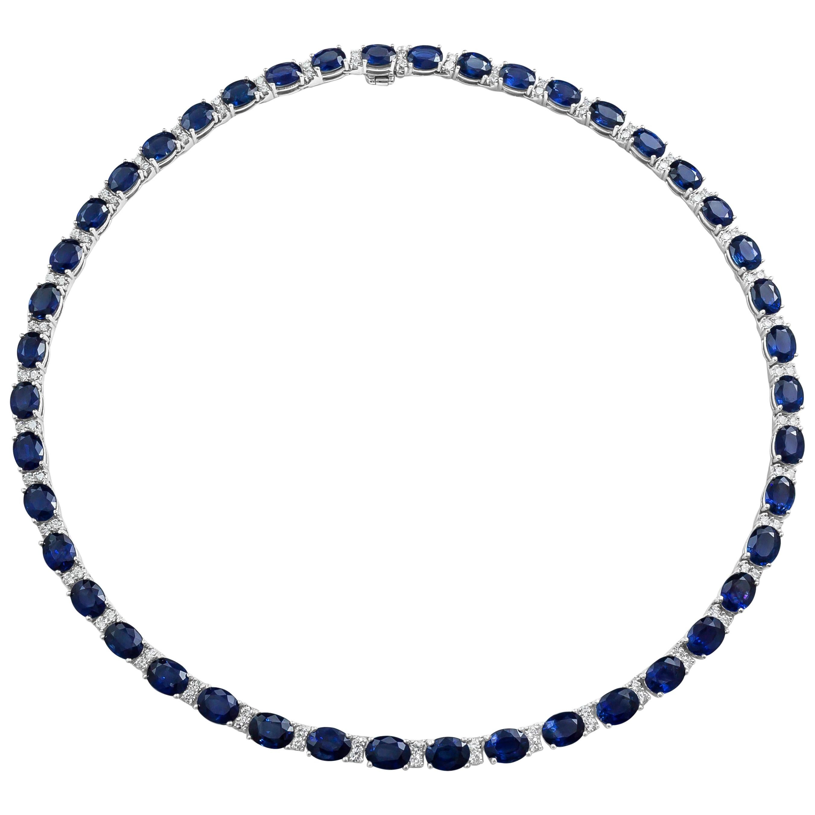 Oval Cut Blue Sapphire and Diamond Tennis Necklace