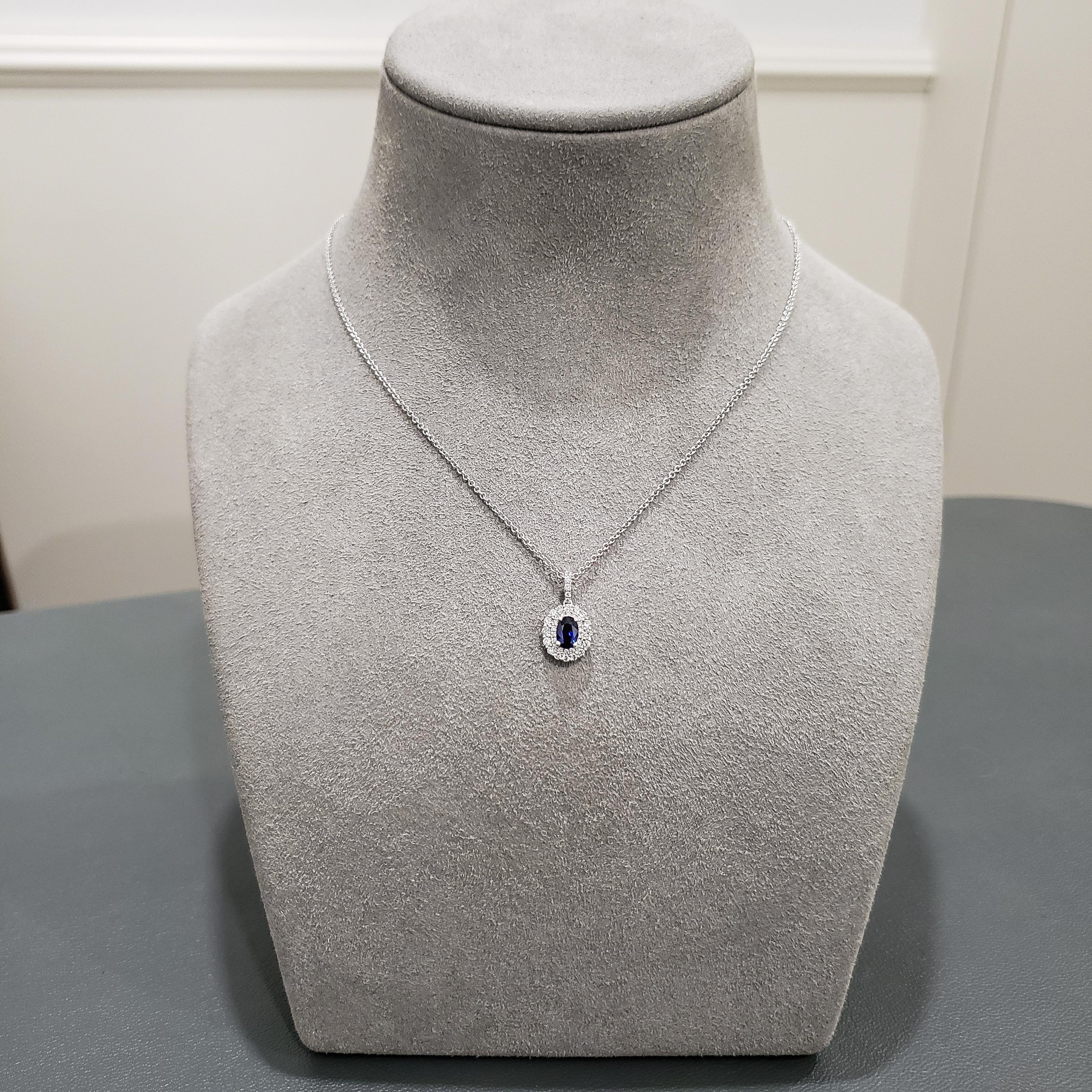 Roman Malakov 0.52 Carat Oval Blue Sapphire and Diamond Halo Pendant Necklace In New Condition In New York, NY