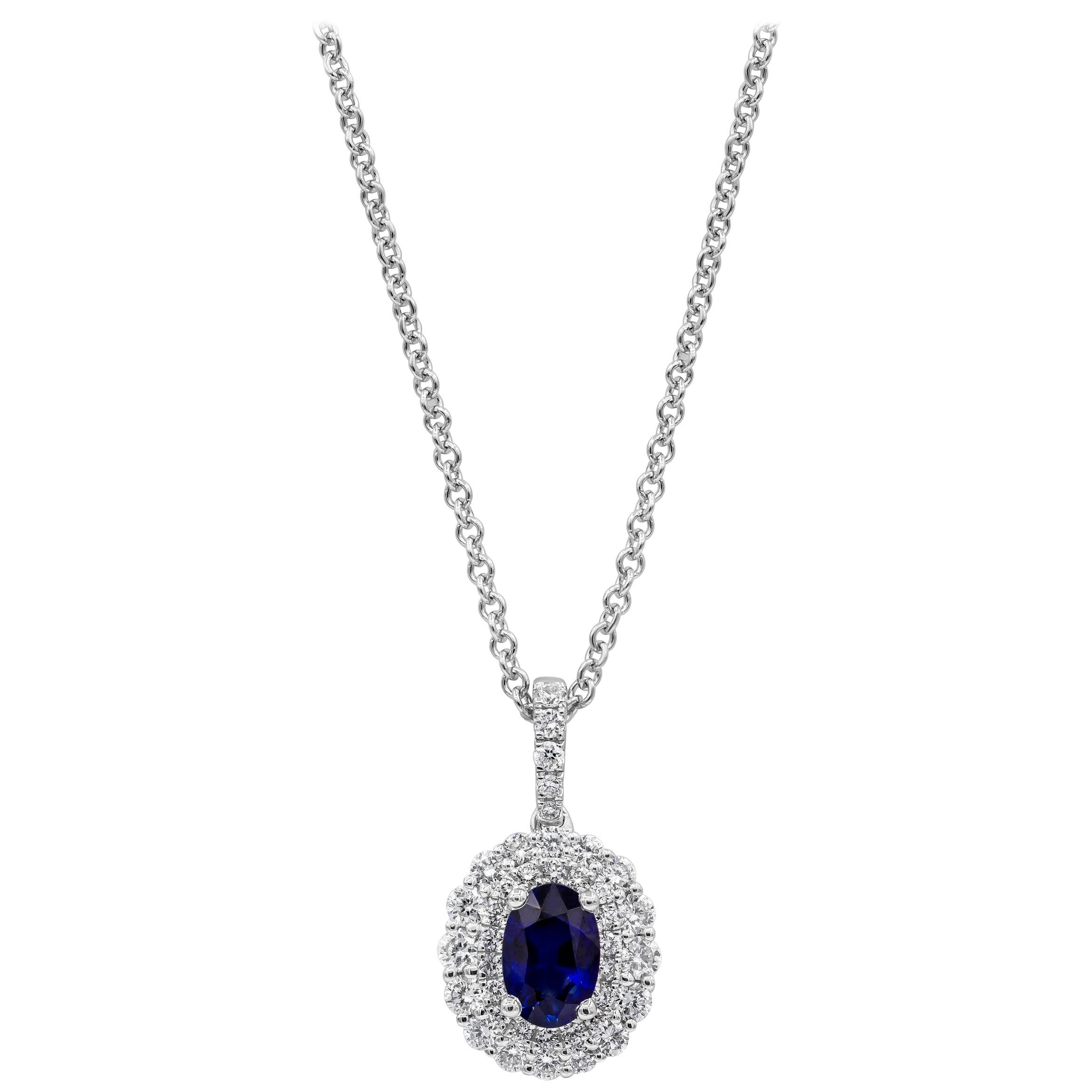 Roman Malakov 0.52 Carat Oval Blue Sapphire and Diamond Halo Pendant Necklace