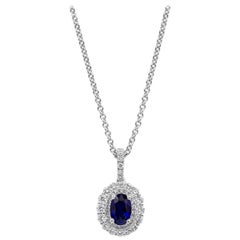 Roman Malakov Oval Cut Blue Sapphire and Halo Pendant Necklace