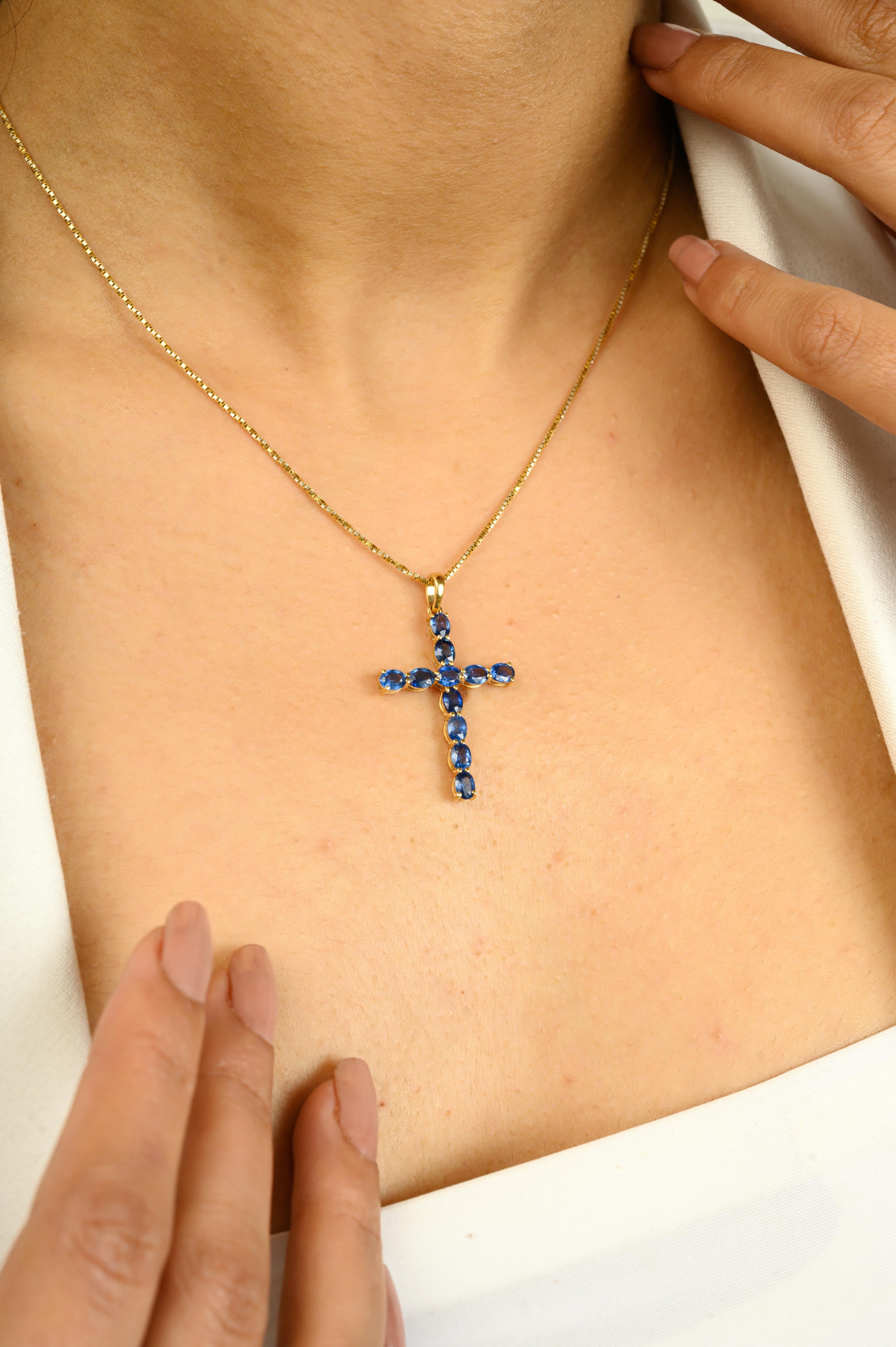 Oval Cut Blue Sapphire Cross Pendant 14K Gold Prong Setting Religious Jewelry For Sale 5