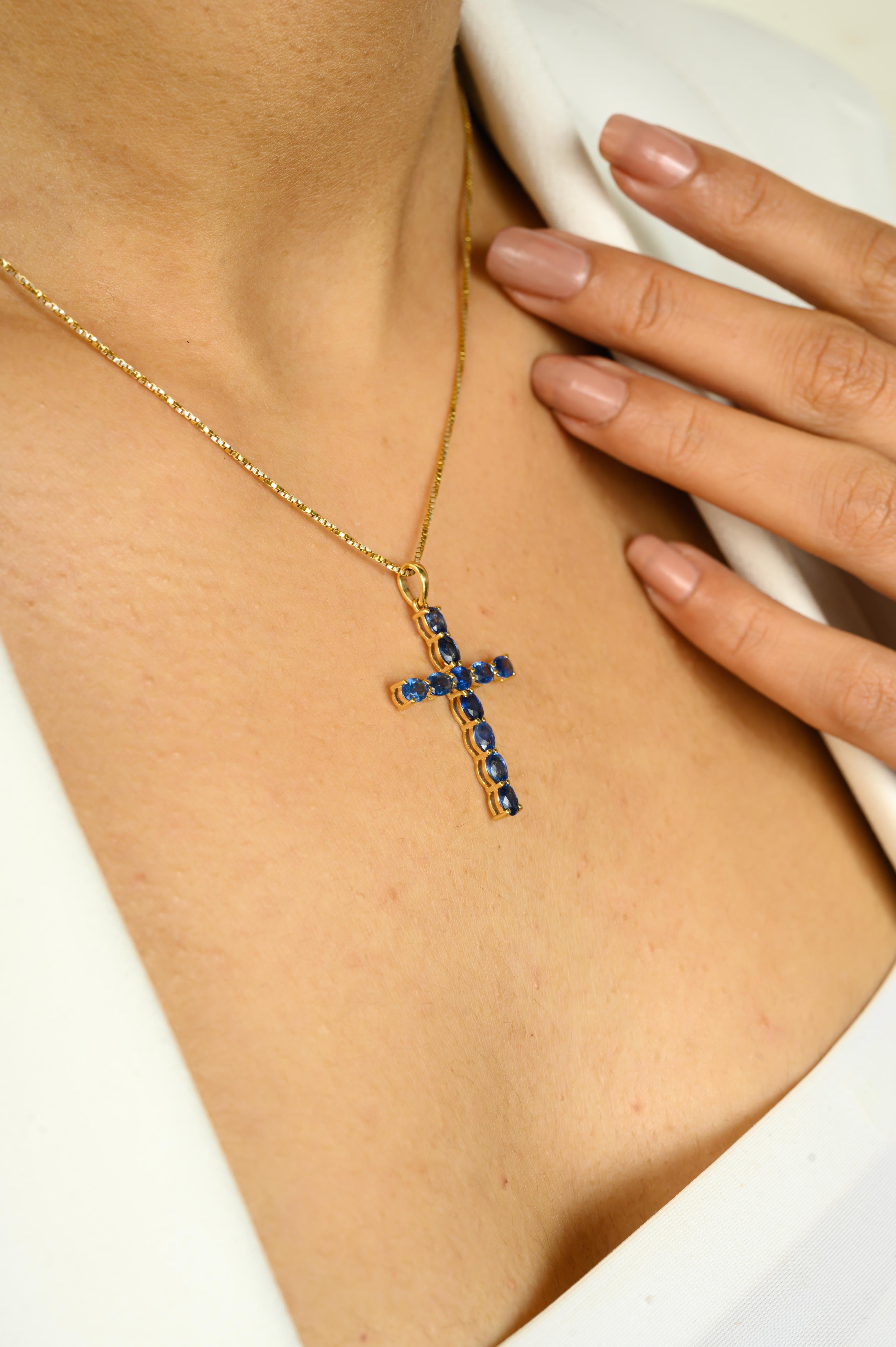 Art Deco Oval Cut Blue Sapphire Cross Pendant 14K Gold Prong Setting Religious Jewelry For Sale