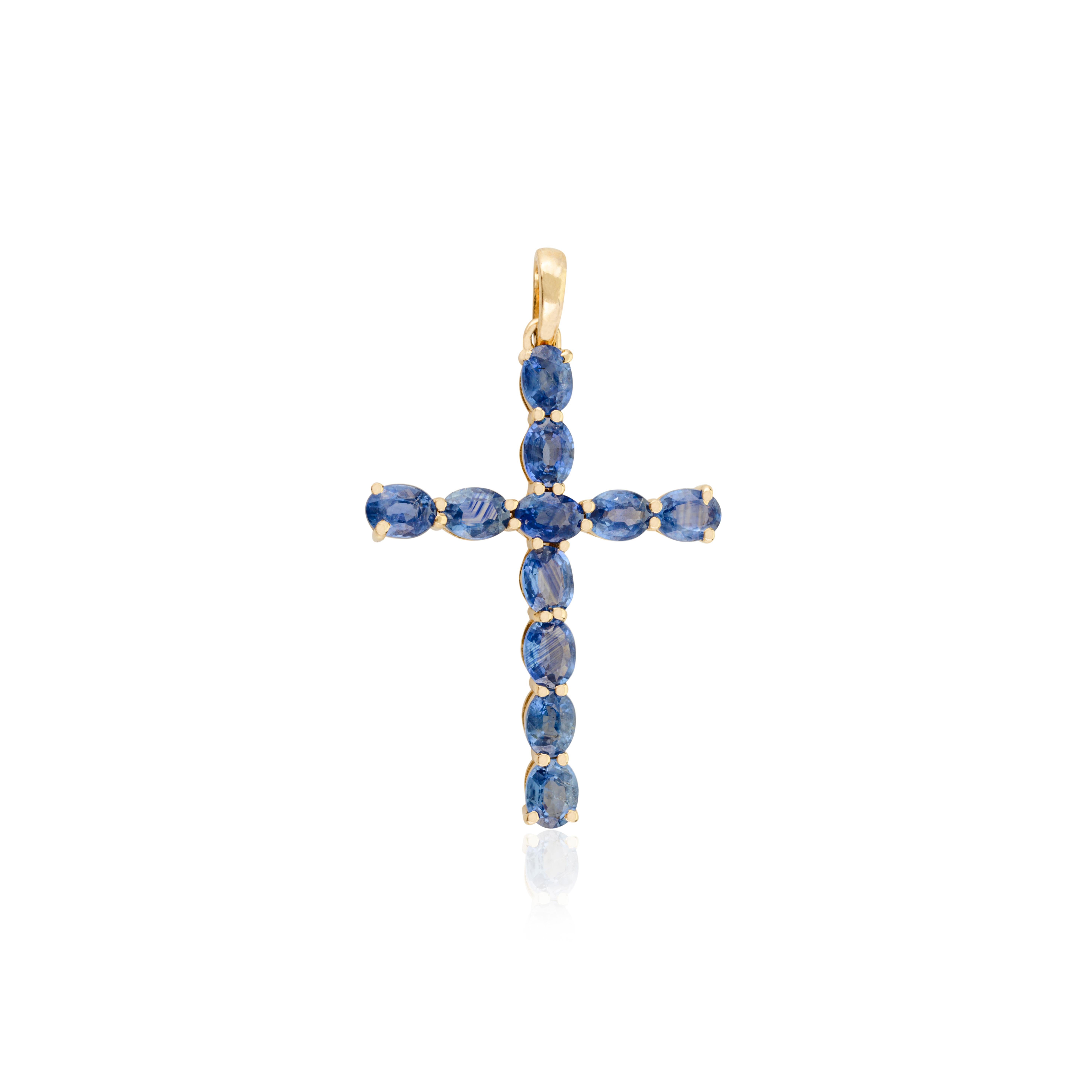 Women's or Men's Oval Cut Blue Sapphire Cross Pendant 14K Gold Prong Setting Religious Jewelry For Sale