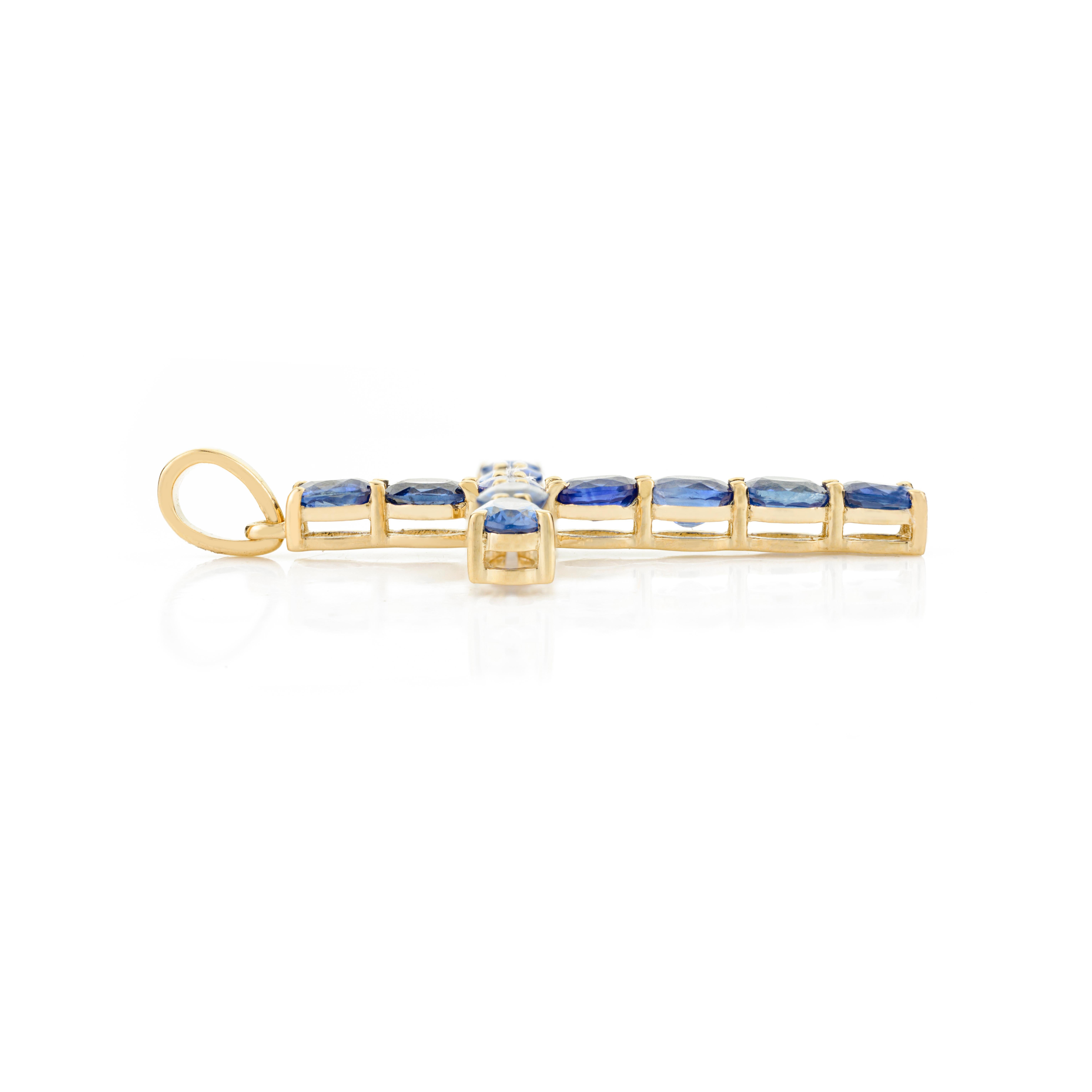 Oval Cut Blue Sapphire Cross Pendant 14K Gold Prong Setting Religious Jewelry For Sale 1