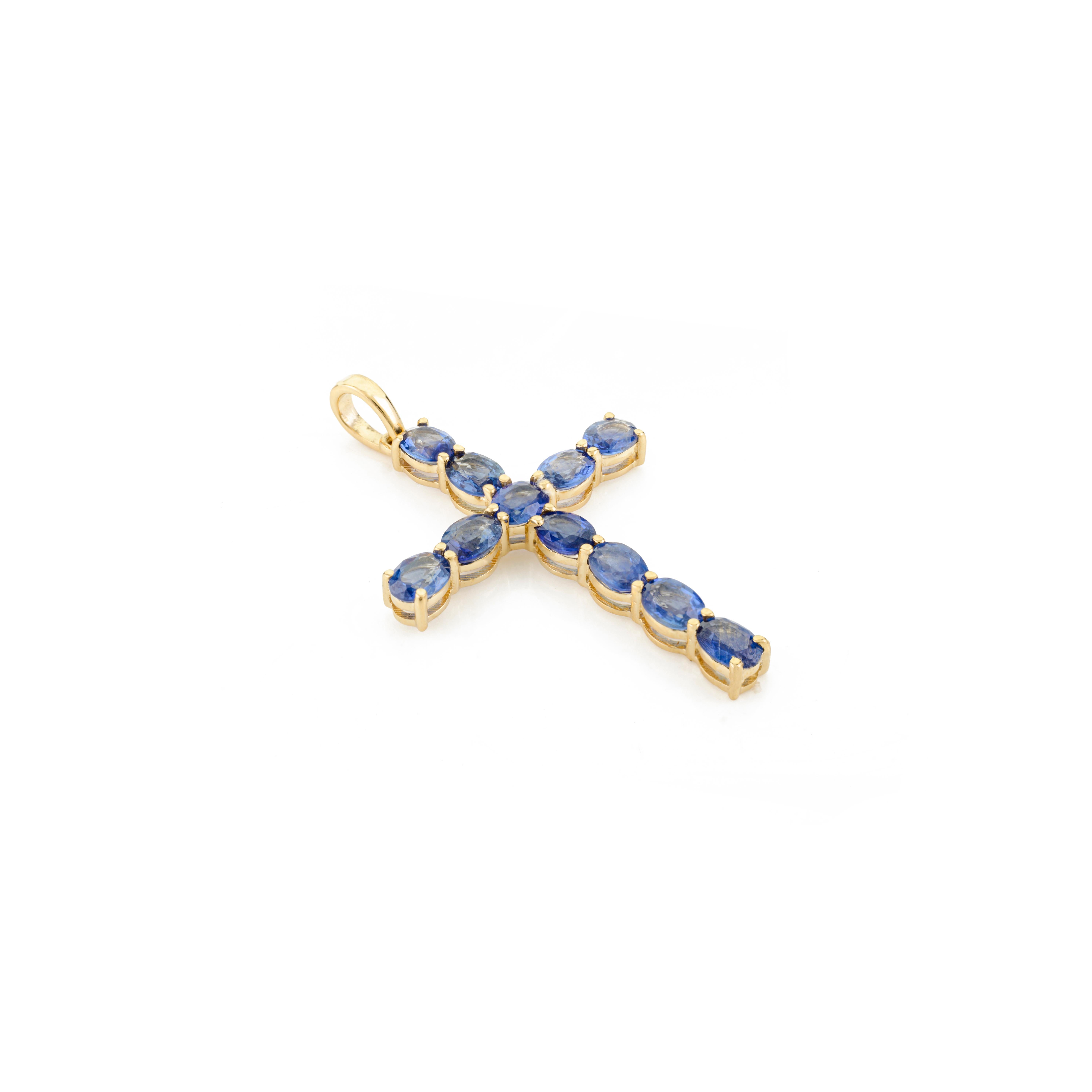 Oval Cut Blue Sapphire Cross Pendant 14K Gold Prong Setting Religious Jewelry For Sale 2
