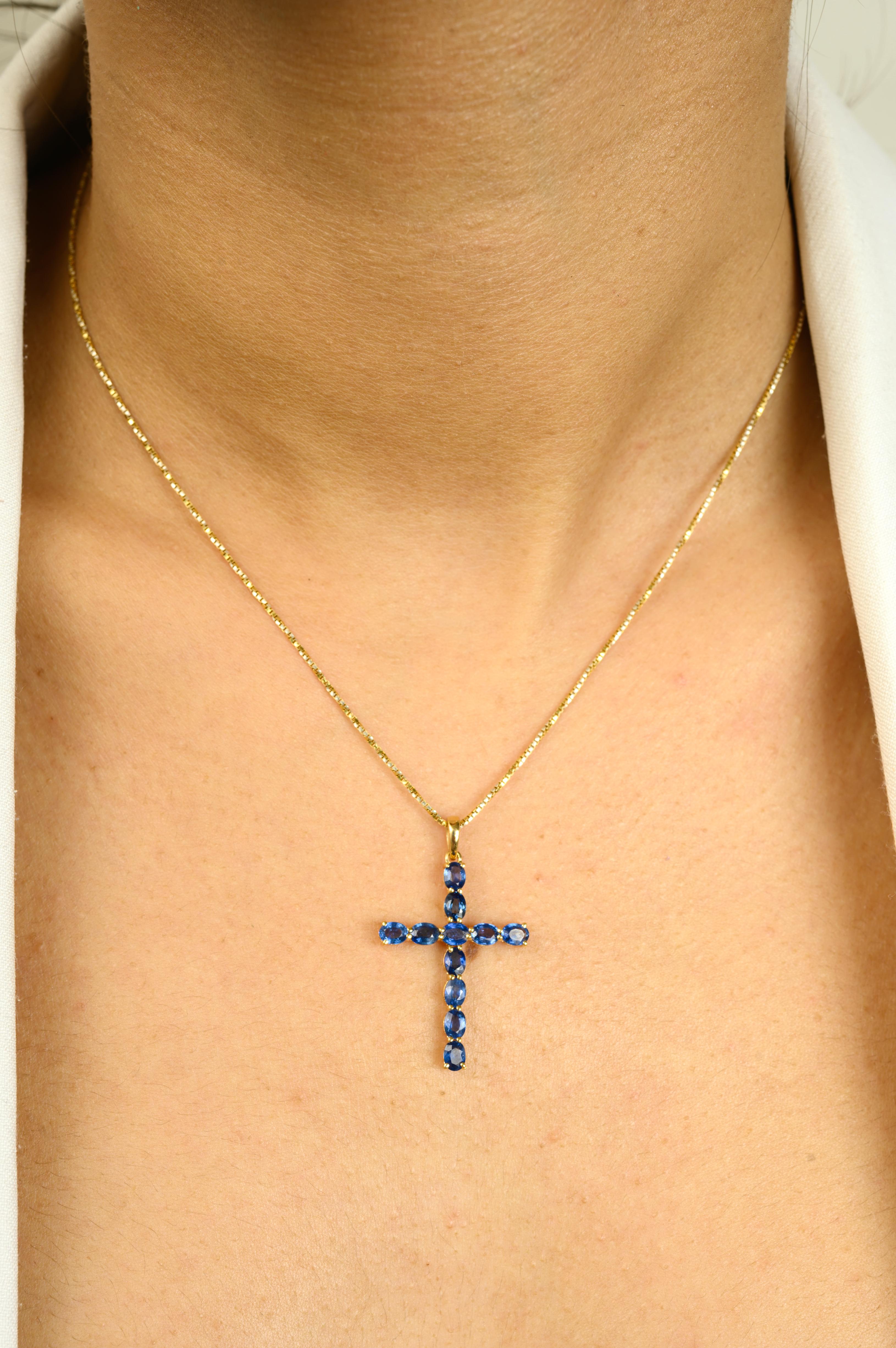 Oval Cut Blue Sapphire Cross Pendant 14K Gold Prong Setting Religious Jewelry For Sale 3