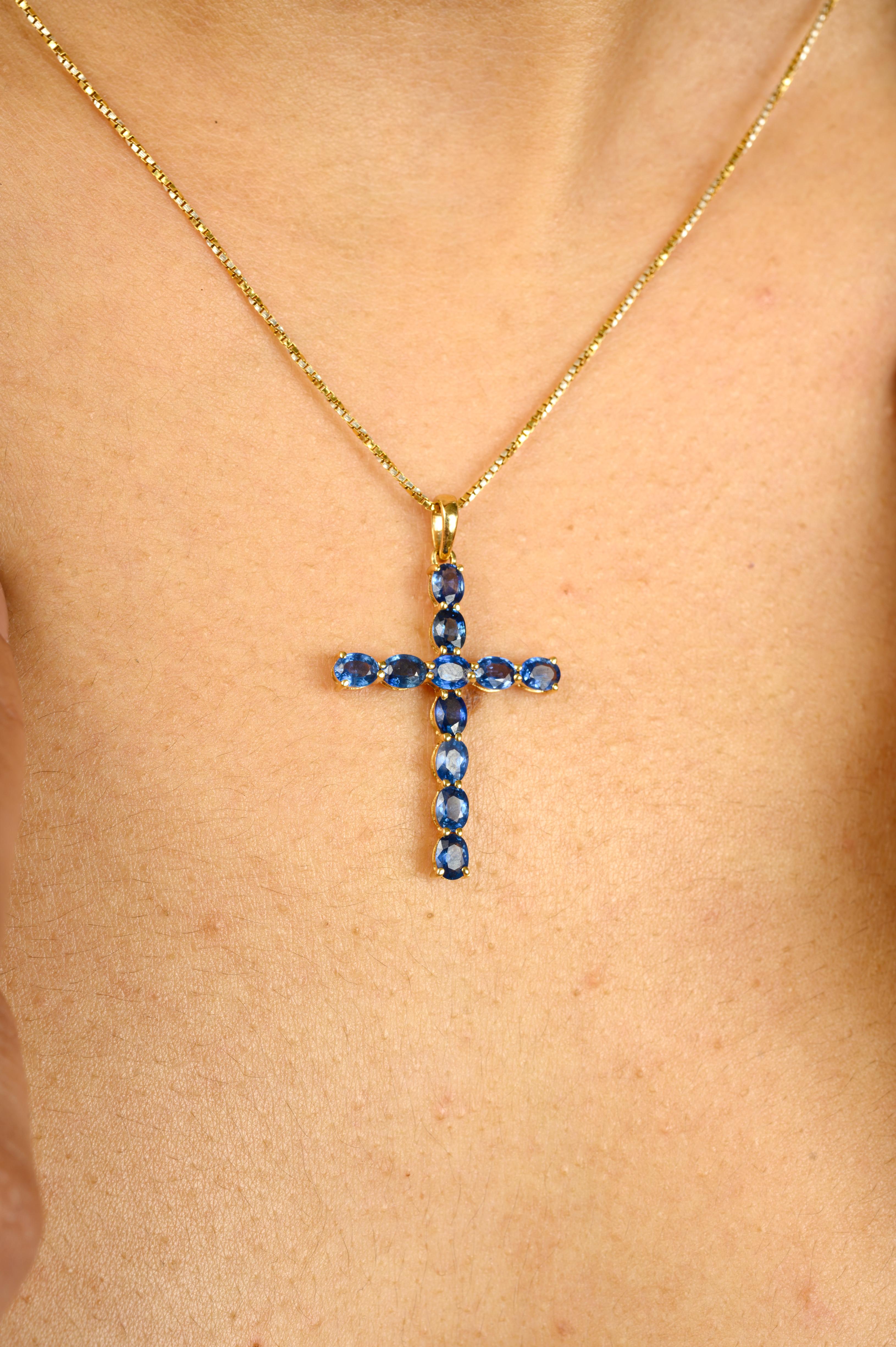 Oval Cut Blue Sapphire Cross Pendant 14K Gold Prong Setting Religious Jewelry For Sale 4