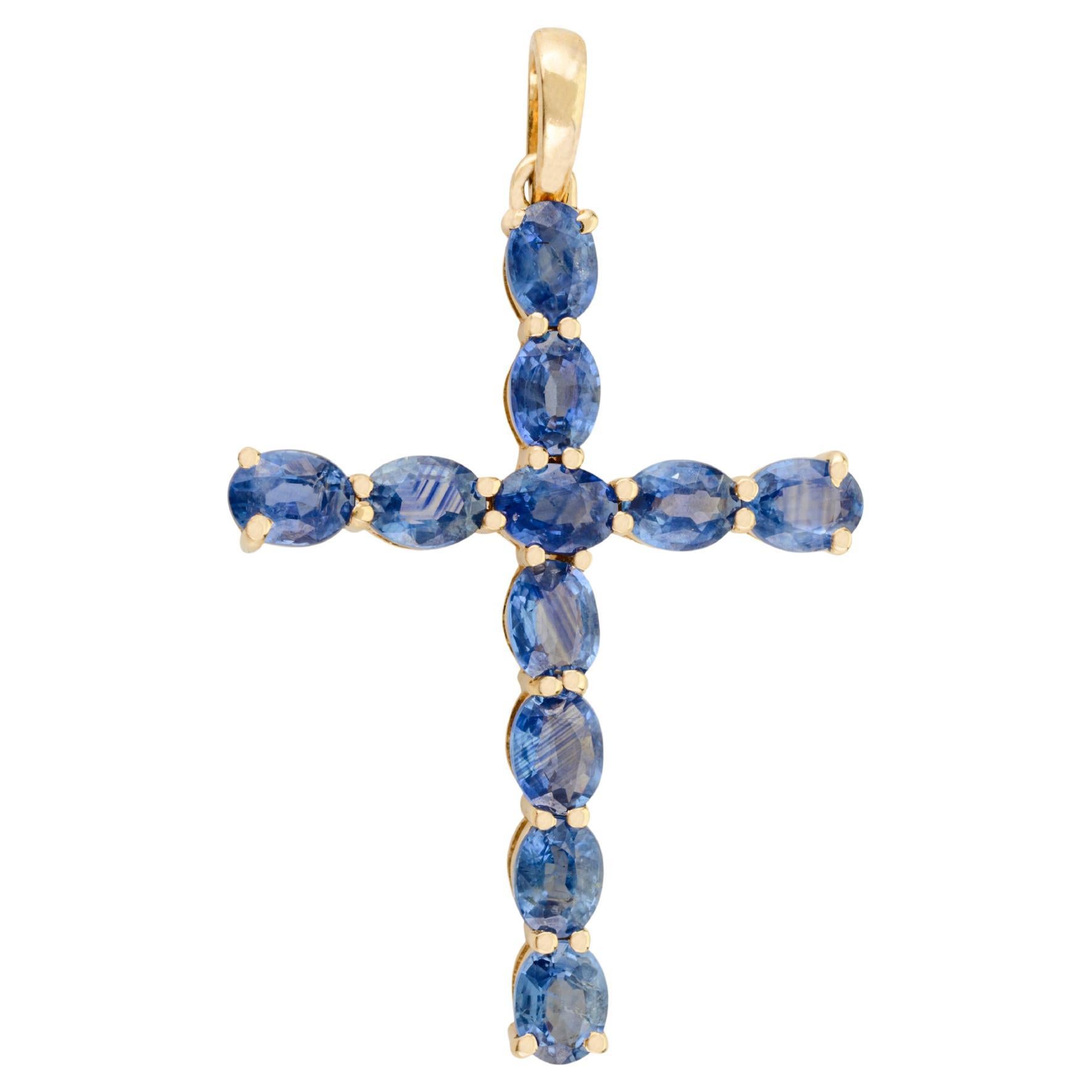 Oval Cut Blue Sapphire Cross Pendant 14K Gold Prong Setting Religious Jewelry For Sale