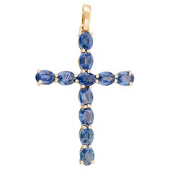 Oval Cut Blue Sapphire Cross Pendant 14K Gold Prong Setting Religious Jewelry