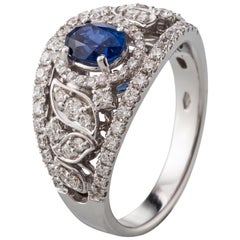Oval Cut Blue Sapphire Diamond 18 Karat White Gold Ring