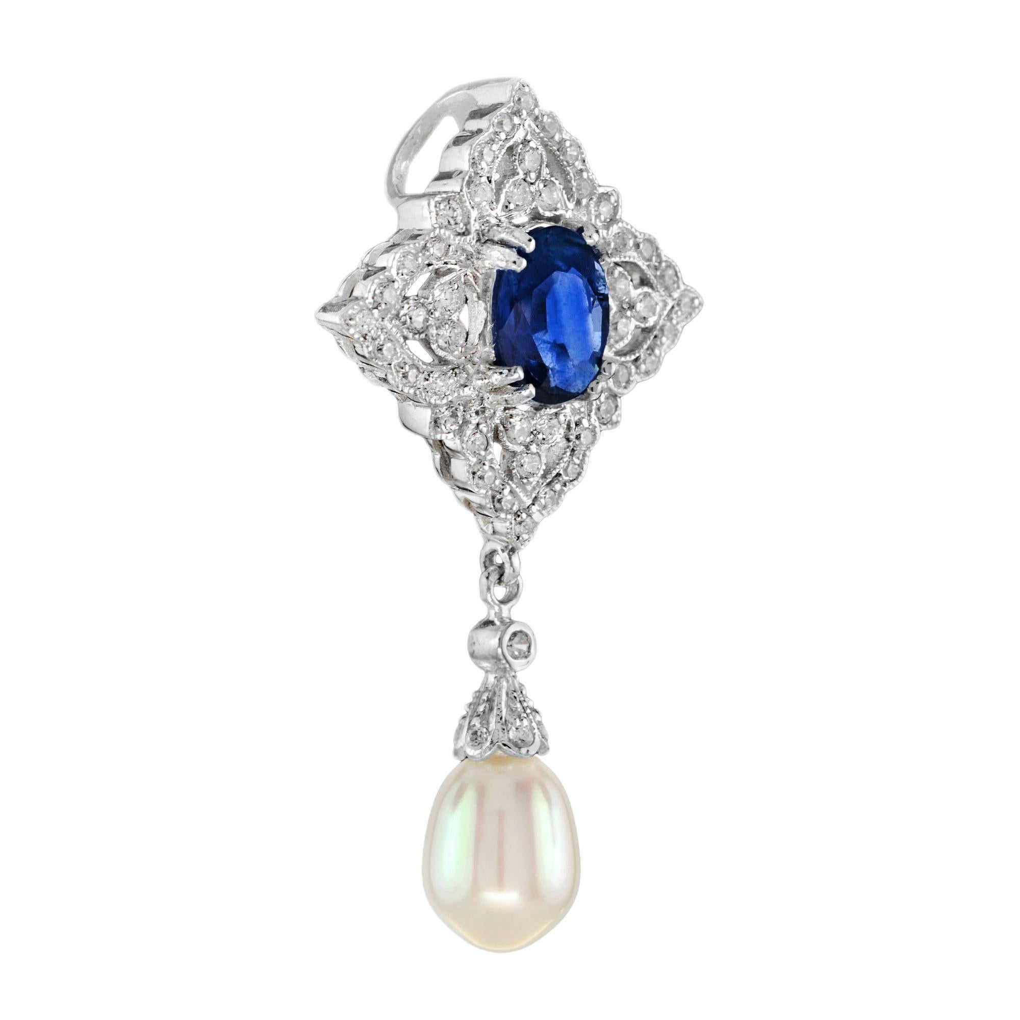 This stunning drop pendant features a luminous natural pearl and deeply hued blue sapphire surrounded by 51 round diamonds in brilliant detail. 14K White Gold.
Information
Width: 20 mm.
Length: 39 mm.
Weight: 4.3 g. (approx. in total)
Center