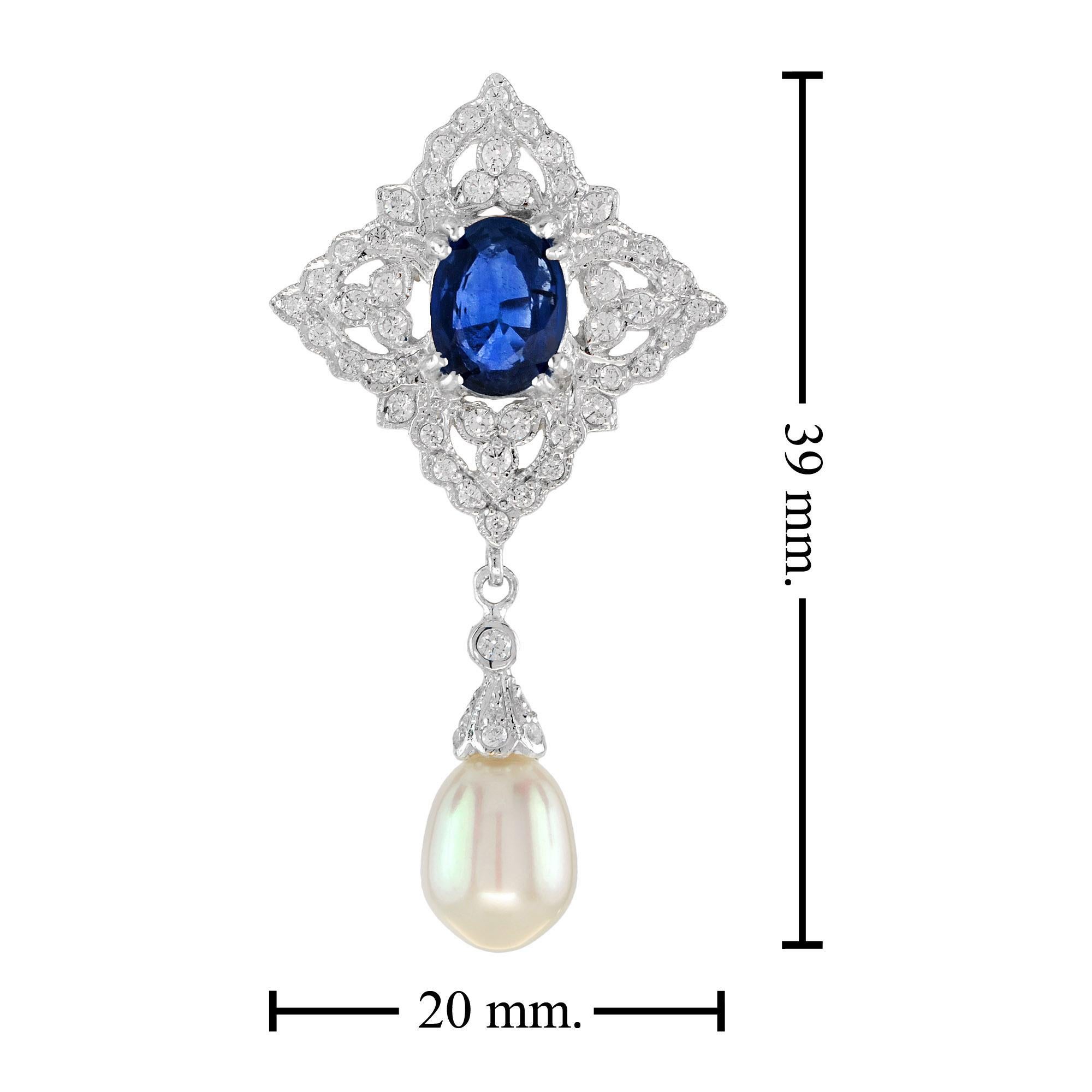Women's Oval Cut Blue Sapphire & Diamond Accent Pearl Drop 14K White Gold Pendant For Sale