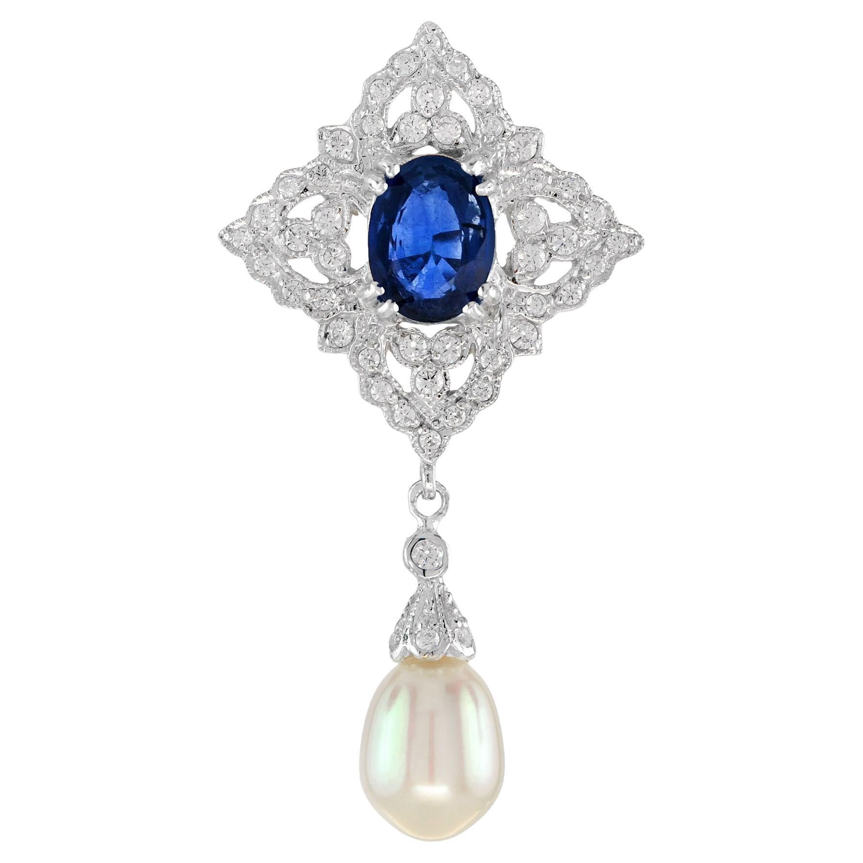 Oval Cut Blue Sapphire & Diamond Accent Pearl Drop 14K White Gold Pendant For Sale