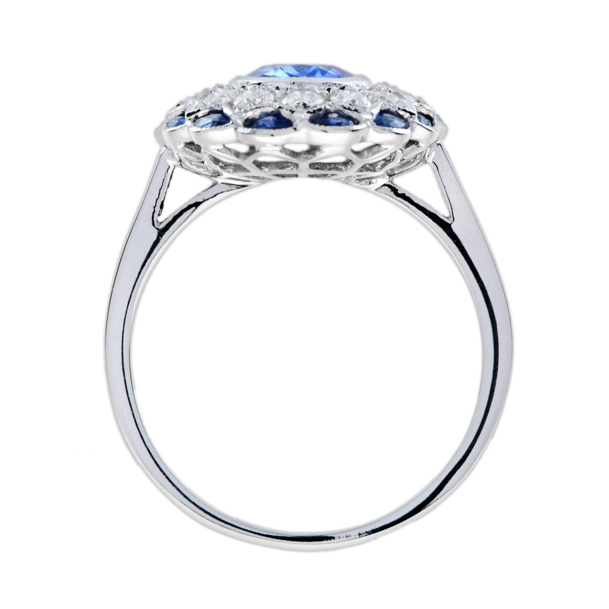 Blauer Saphir mit Ovalschliff & Diamant Art Deco Stil Halo Set 18K Weißgold Ring im Zustand „Neu“ im Angebot in Oakton, VA
