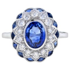 Oval Cut Blue Sapphire & Diamond Art Deco Style Halo Set 18K White Gold Ring