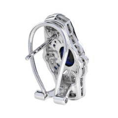 Oval Cut Blue Sapphire & Diamond Art Deco Style Omega 14K White Gold Earrings
