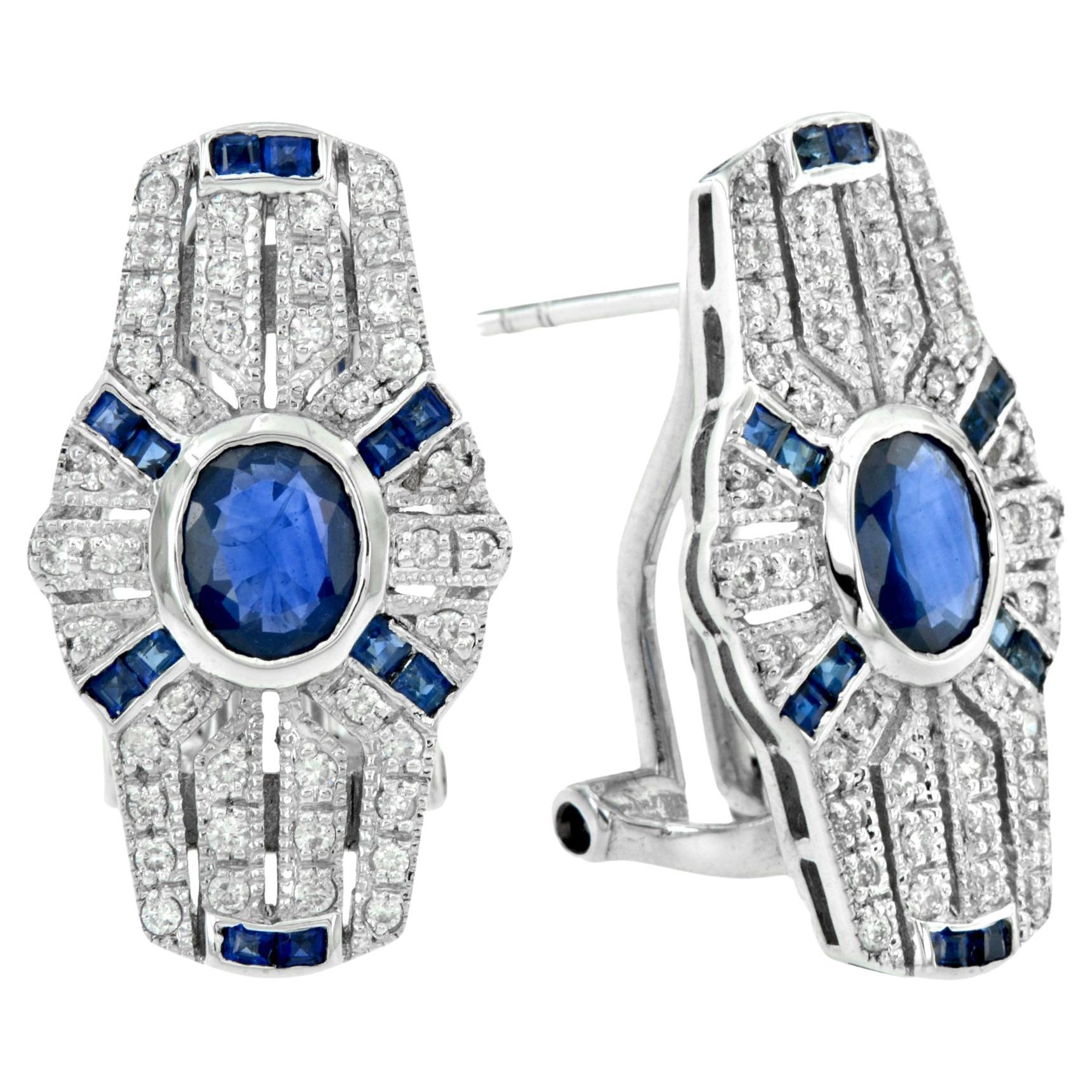 Oval Cut Blue Sapphire & Diamond Art Deco Style Omega 14K White Gold Earrings For Sale