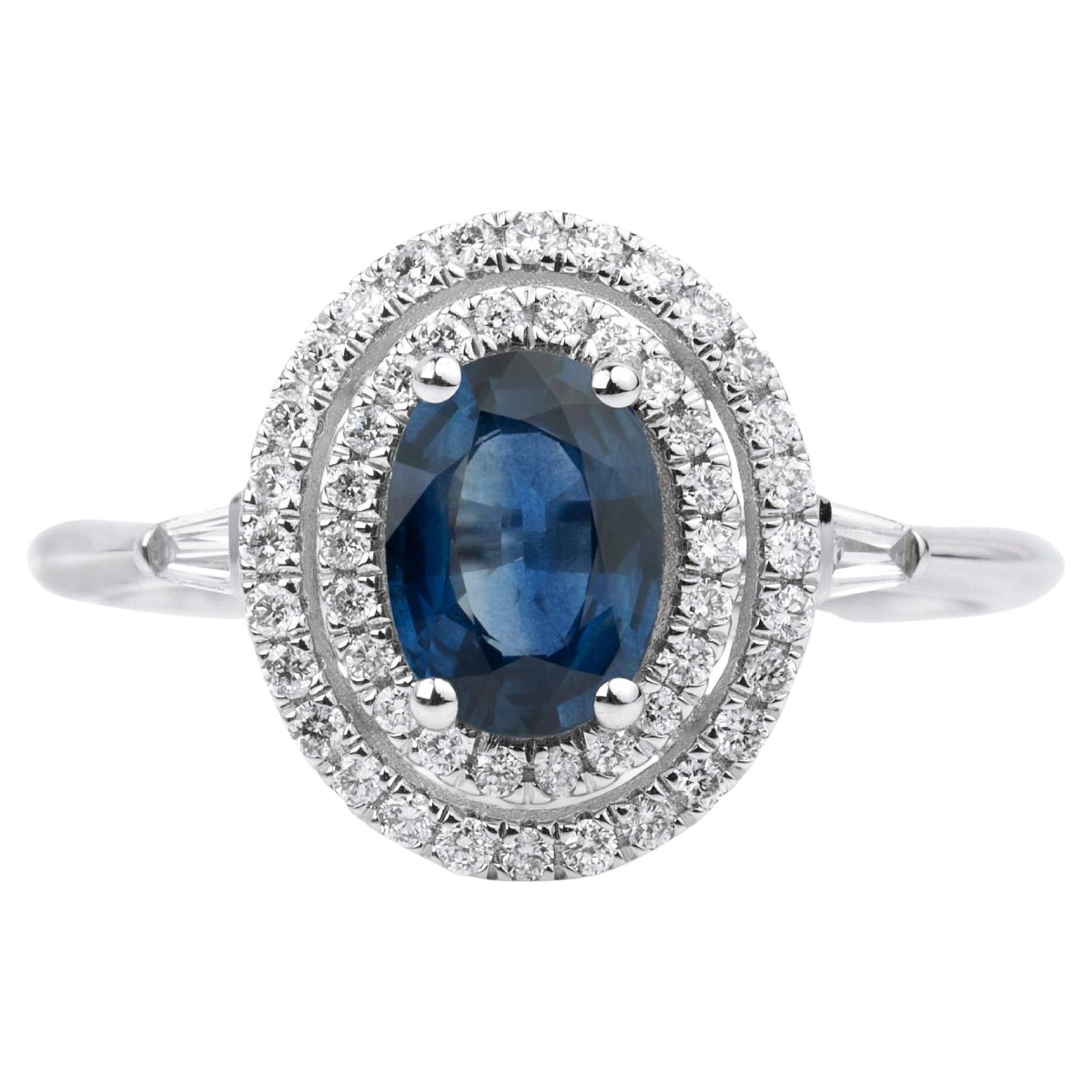 Oval-Cut Blue Sapphire & Diamond Double Halo Engagement Ring in 18K White Gold