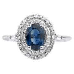 Oval-Cut Blue Sapphire & Diamond Double Halo Engagement Ring in 18K White Gold