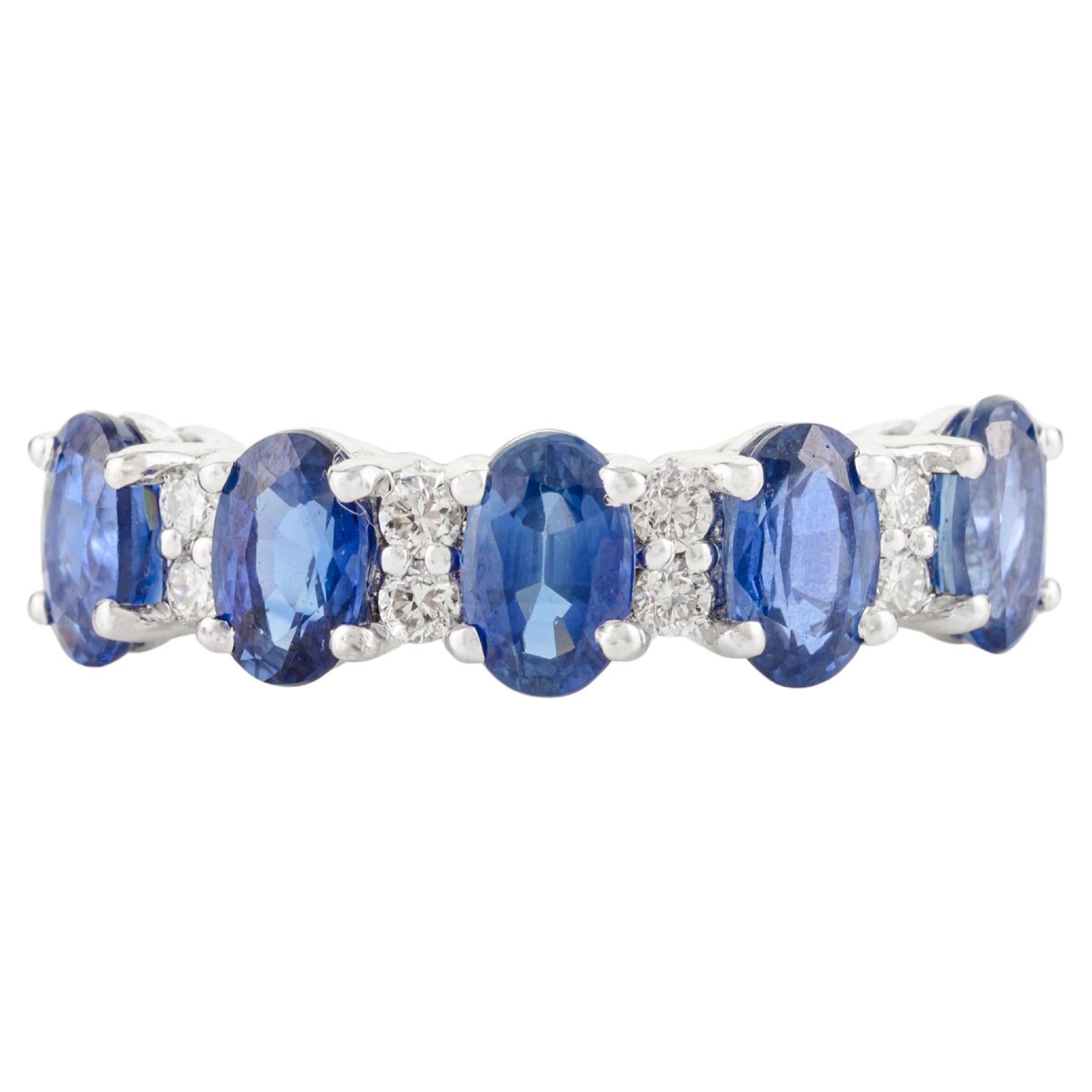 Oval Cut Blue Sapphire Diamond Engagement Band Ring in 18k White Gold