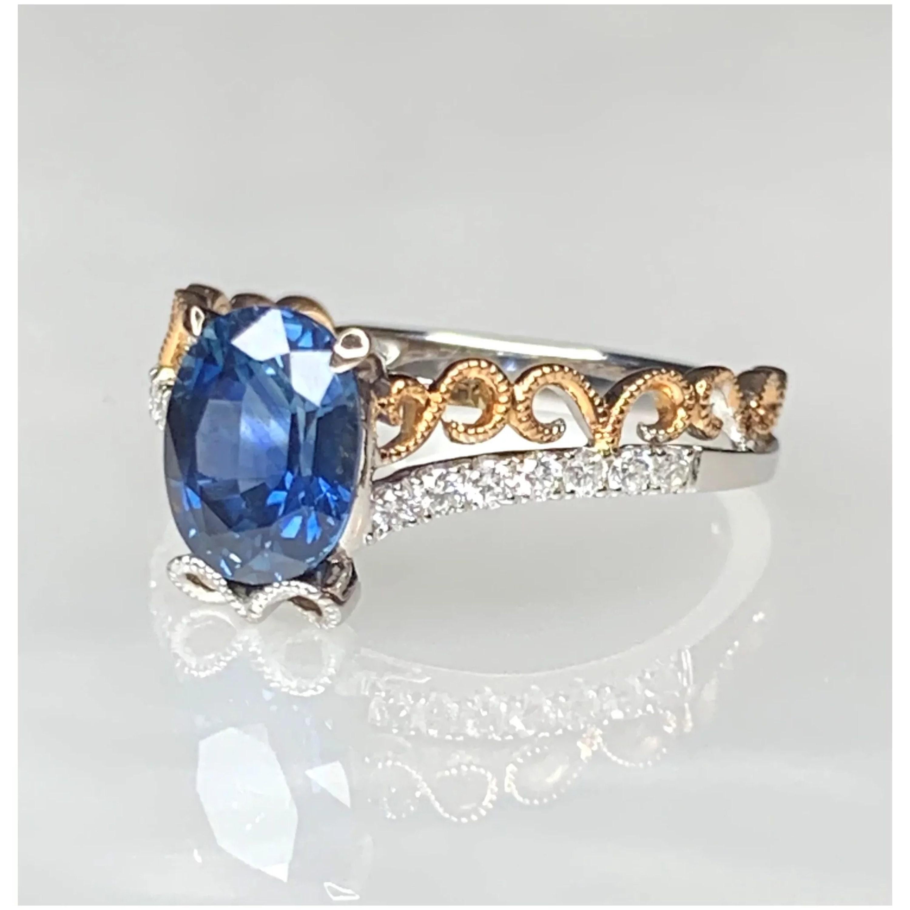For Sale:  Oval Cut Blue Sapphire Diamond Engagement Ring Art Deco Sapphire Bridal Ring  2
