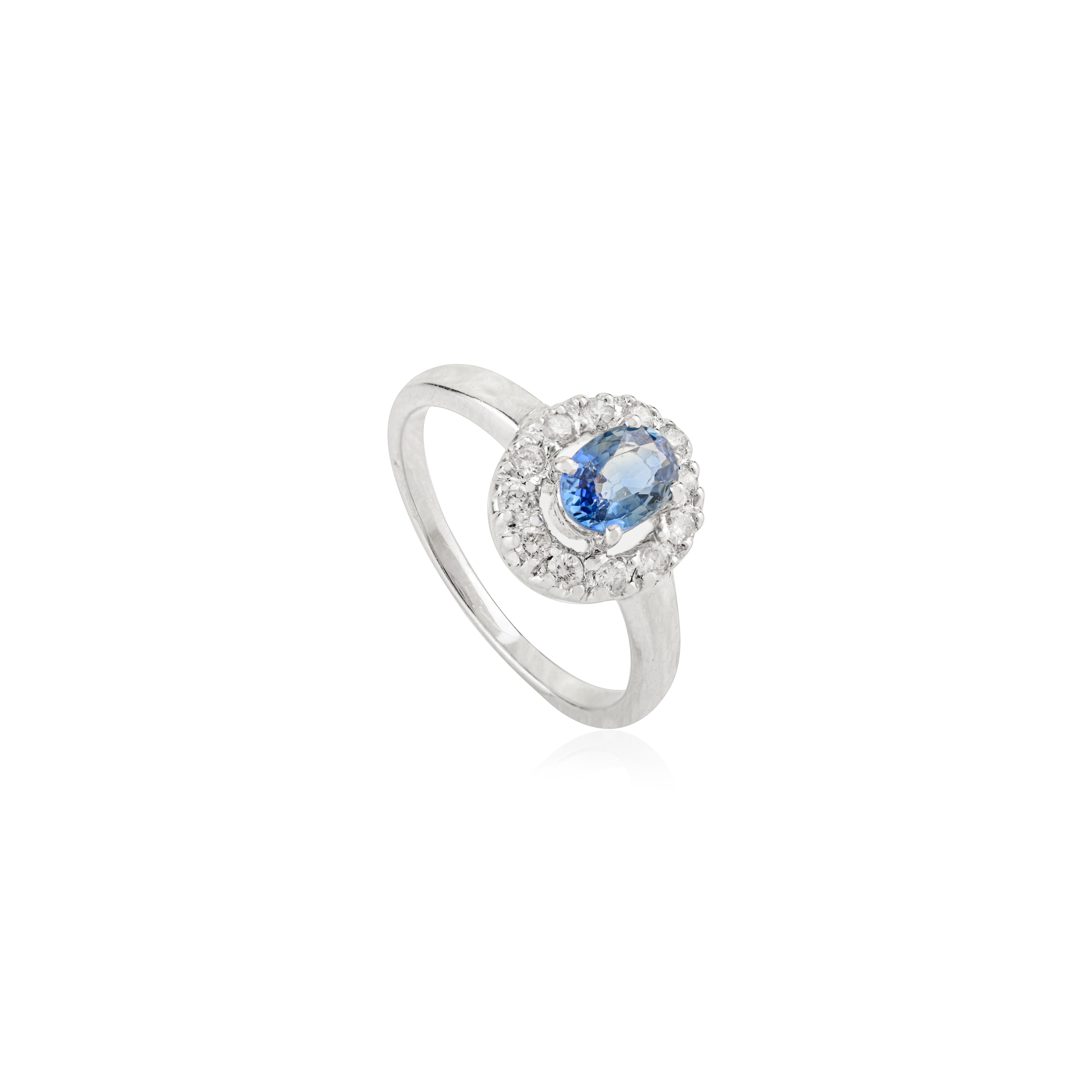 En venta: Anillo halo de zafiro azul talla oval y diamante en oro blanco macizo de 14k joyería Regalo  3