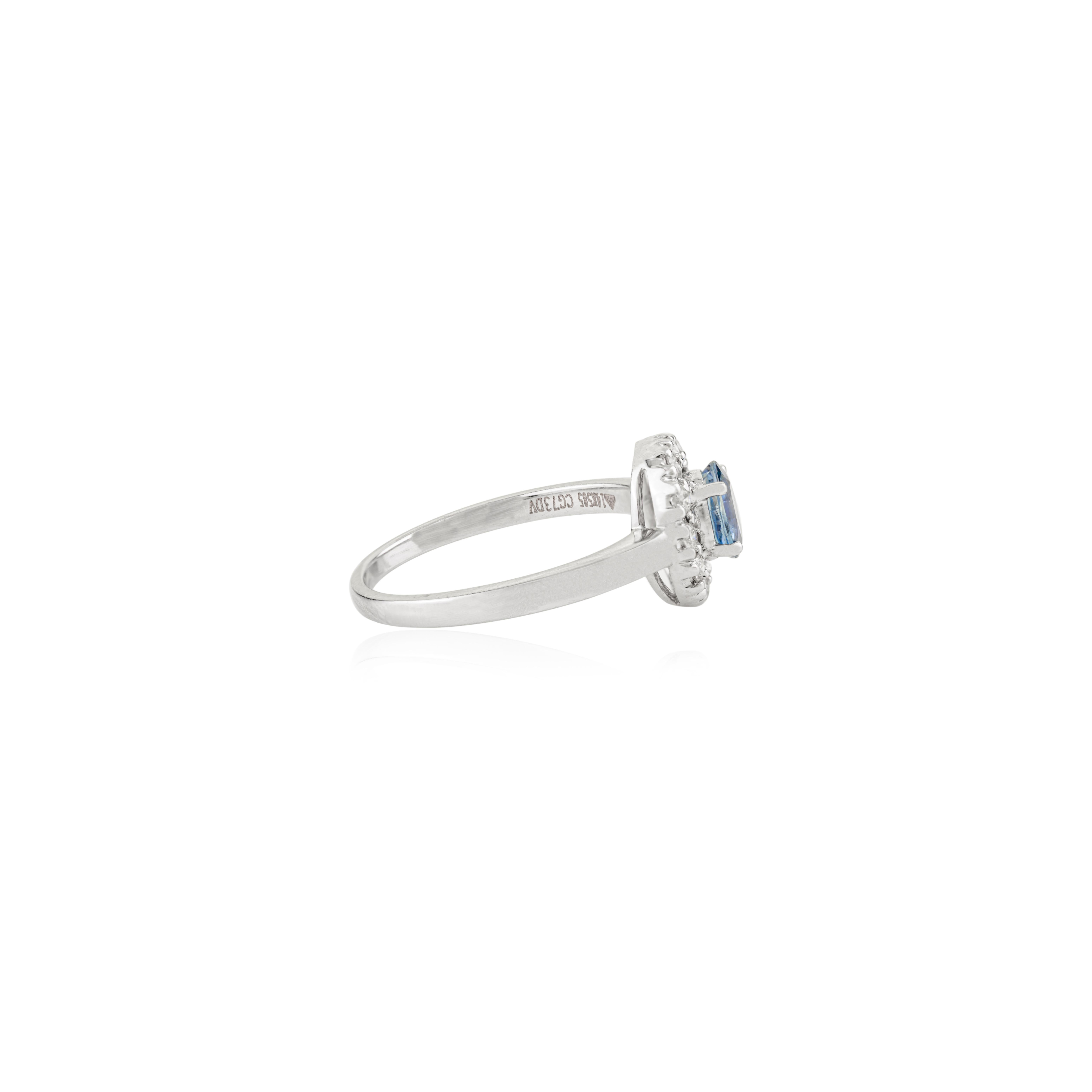 En venta: Anillo halo de zafiro azul talla oval y diamante en oro blanco macizo de 14k joyería Regalo  7