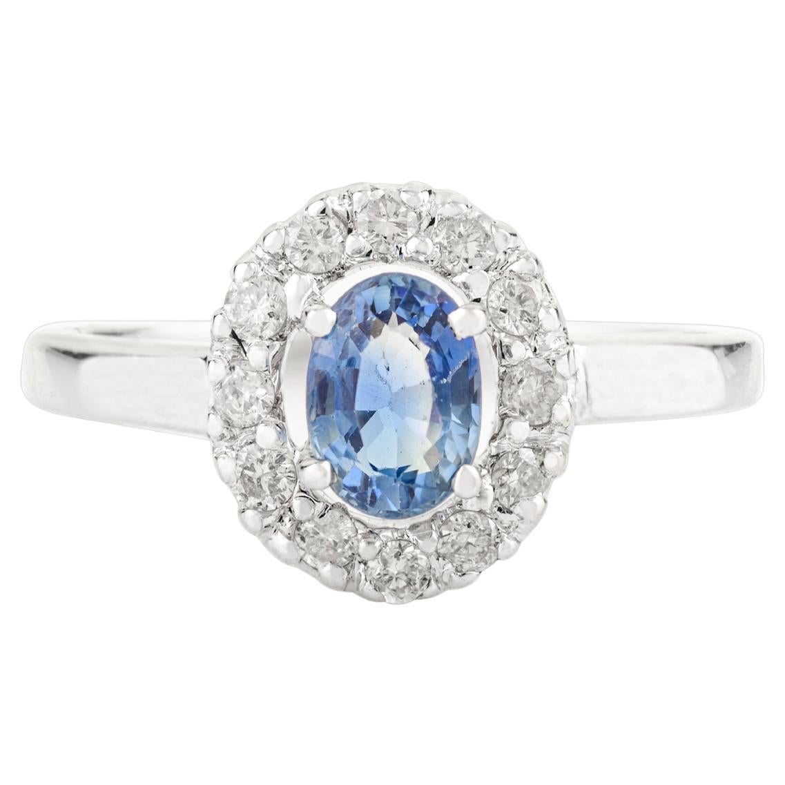 En venta: Anillo halo de zafiro azul talla oval y diamante en oro blanco macizo de 14k joyería Regalo