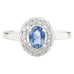 Oval Cut Blue Sapphire & Diamond Halo Ring in 14k Solid White Gold jewelry Gift