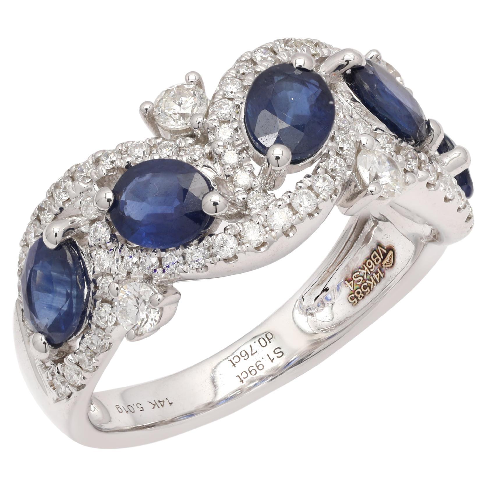 Oval Cut Blue Sapphire Diamond Ring in 14K White Gold 
