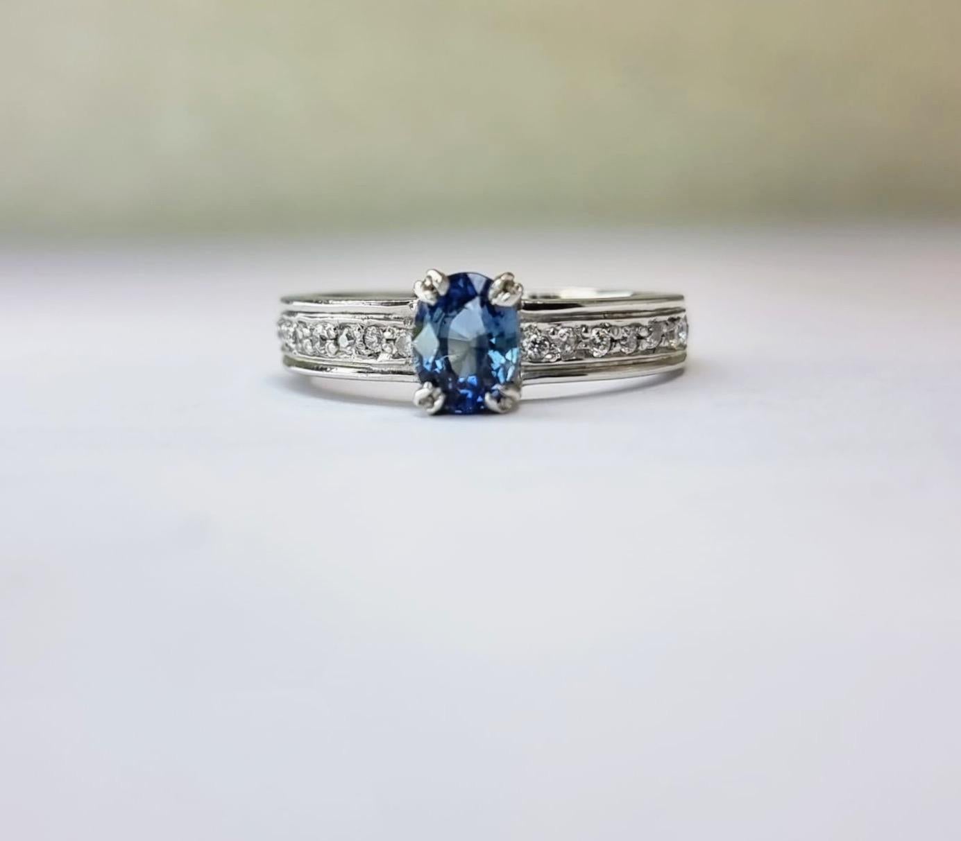 Oval-Cut Blue Sapphire Engagement Ring with Natural Zircon Accents For Sale 6